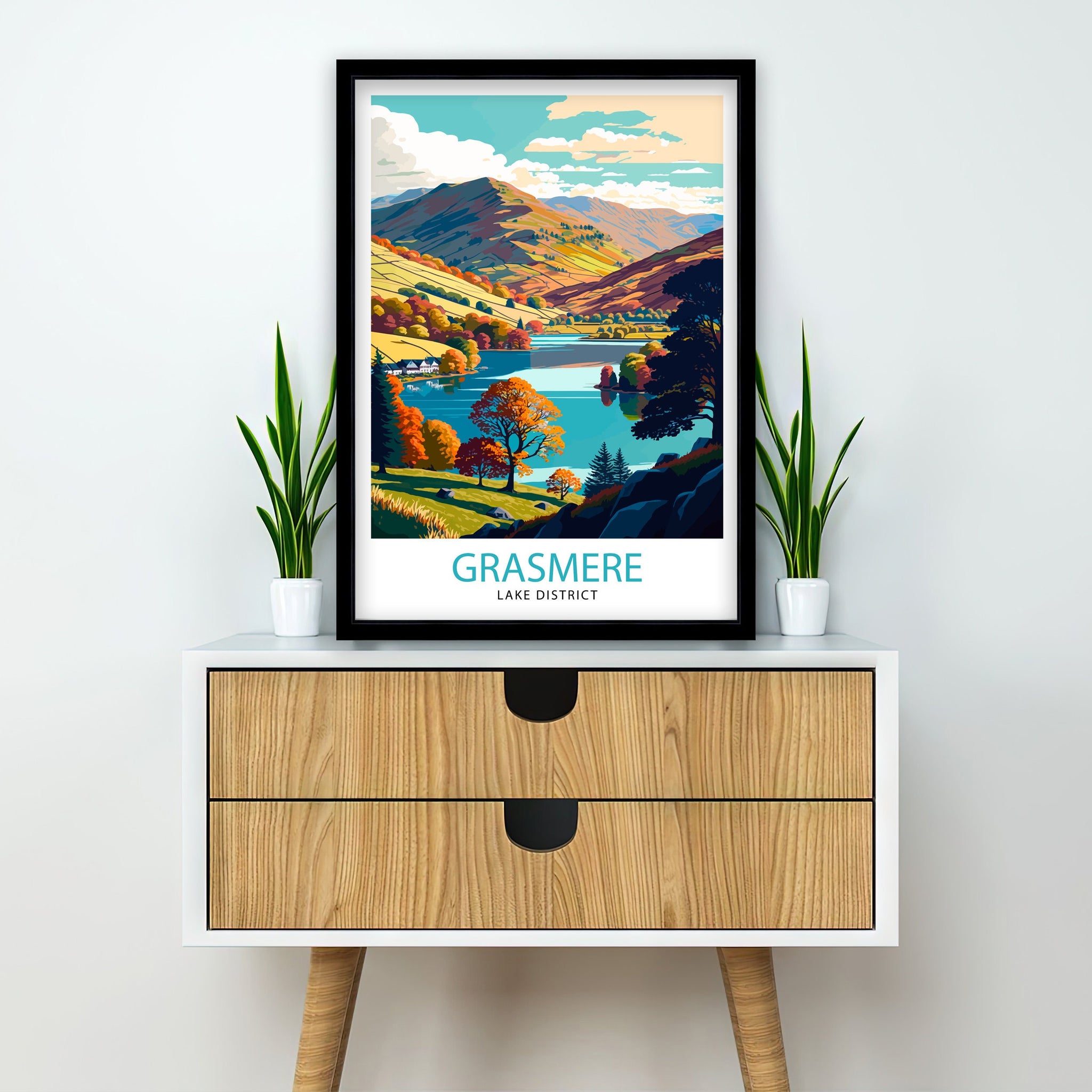 Grasmere Lake District Illustration Print, Travel Poster