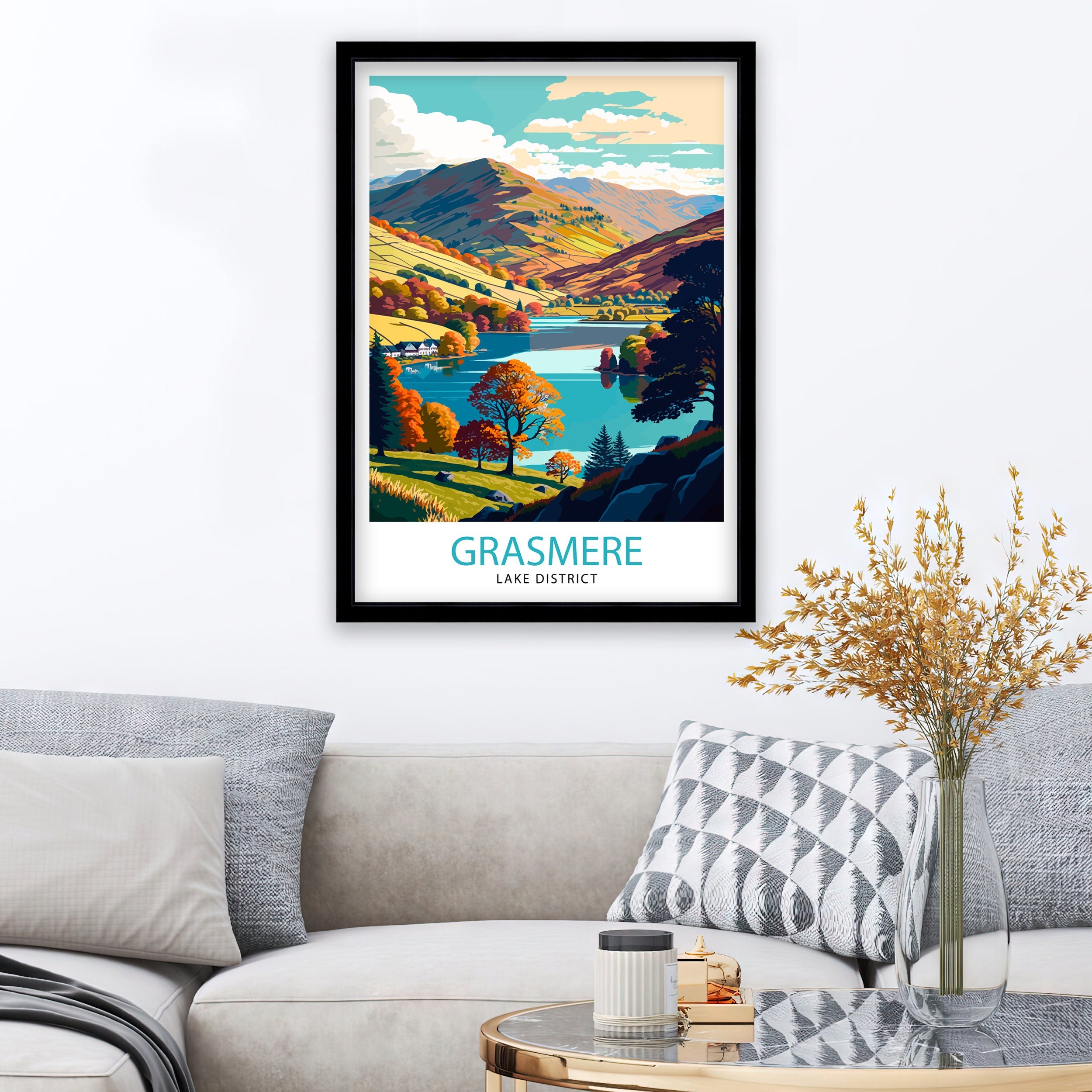 Grasmere Lake District Illustration Print, Travel Poster