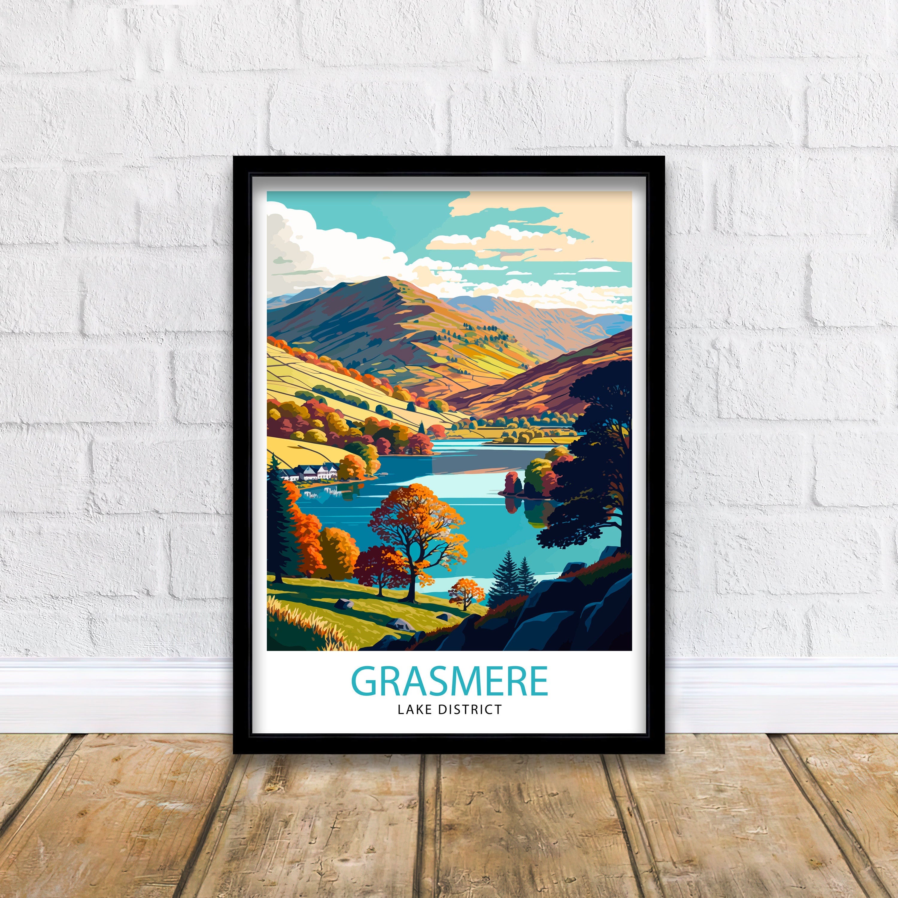 Grasmere Lake District Illustration Print, Travel Poster