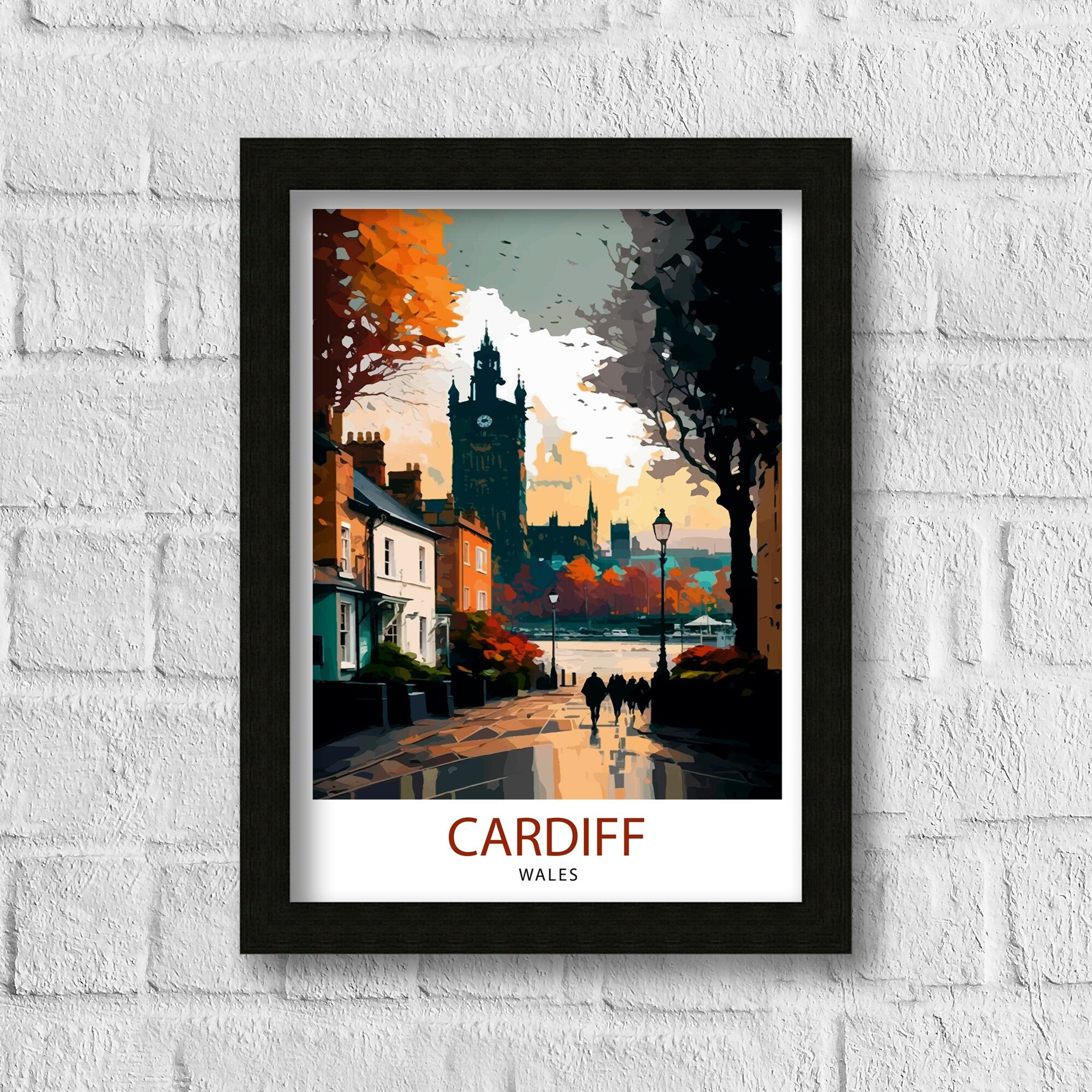 Cardiff UK Travel Poster, Colorful Cityscape Wall Art