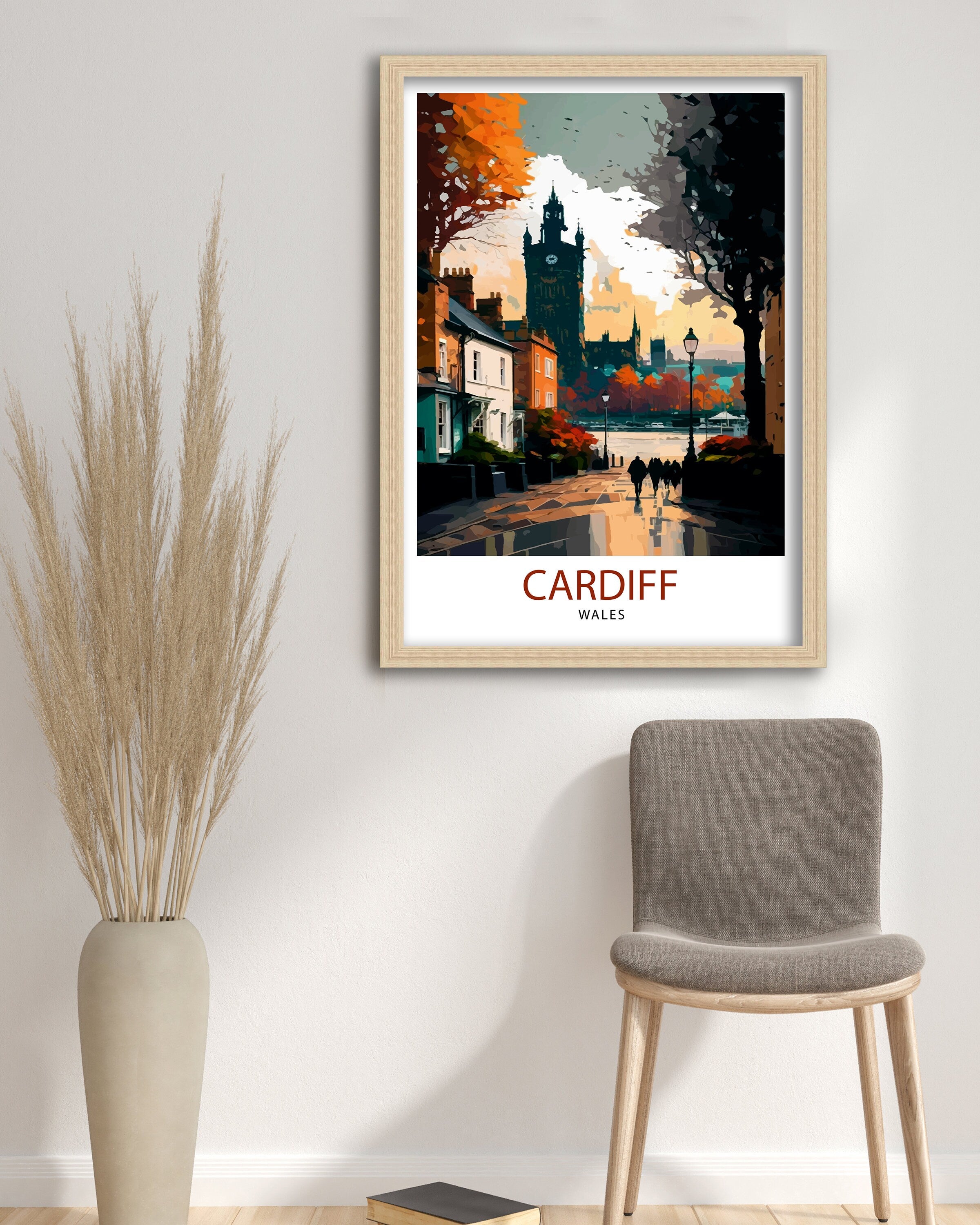 Cardiff UK Travel Poster, Colorful Cityscape Wall Art