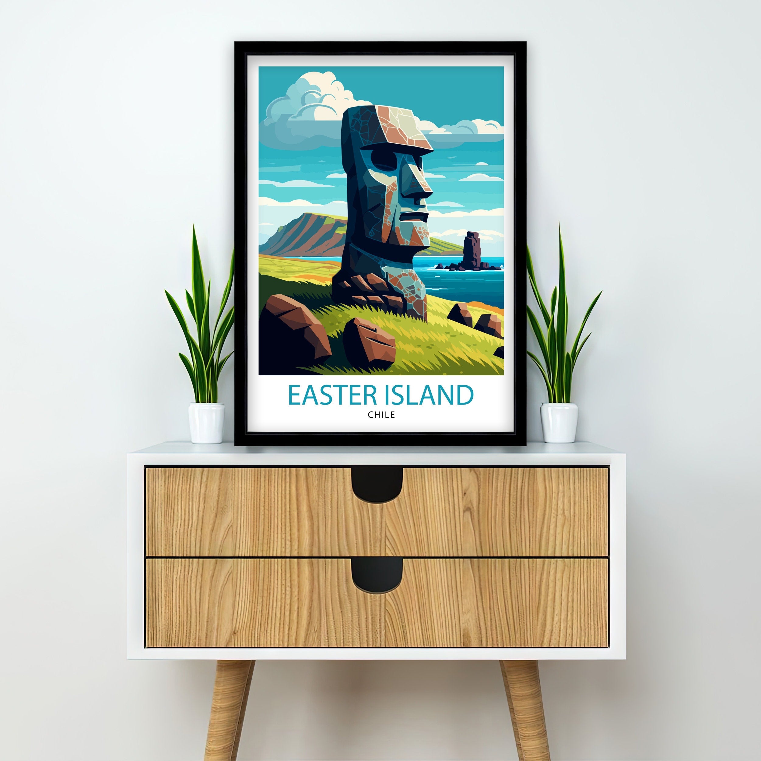 Easter Island Moai Print, Chile Travel Poster