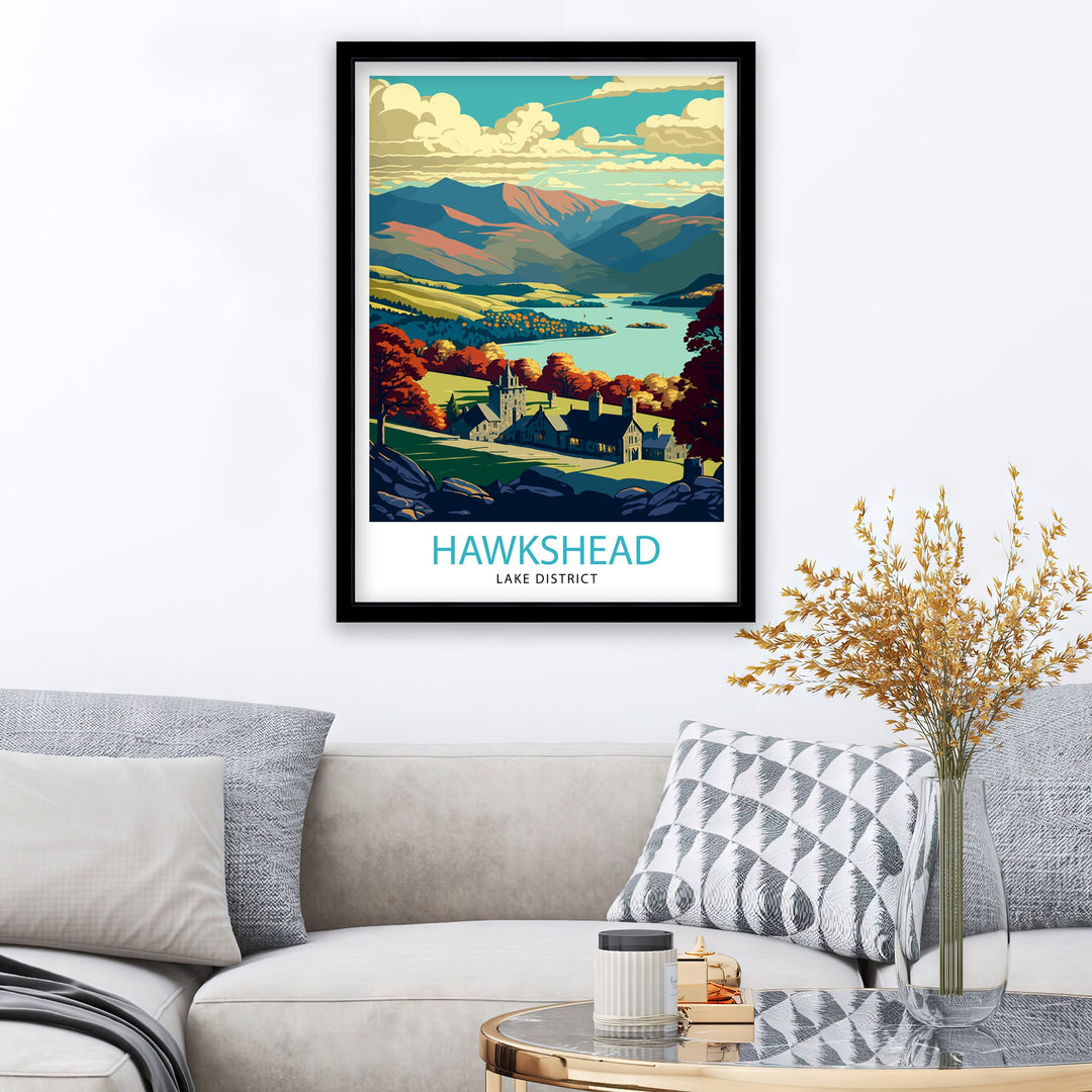 Hawkshead Lake District Travel Poster Wall Art Decor UK Travel Poster Gift For Travelers Lake District Illustration Home Decor