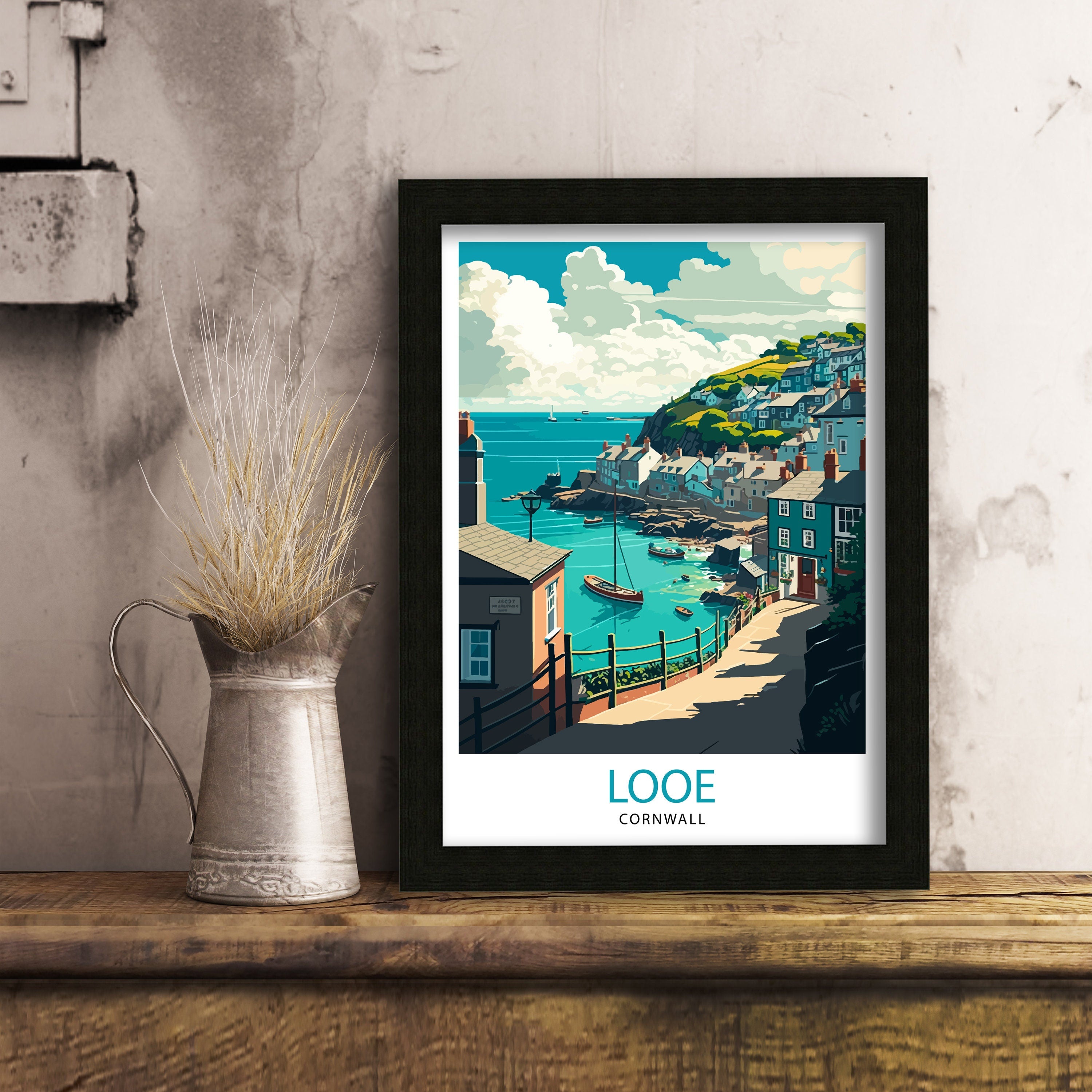Looe Cornwall Travel Poster, Coastal Harbor Art Print