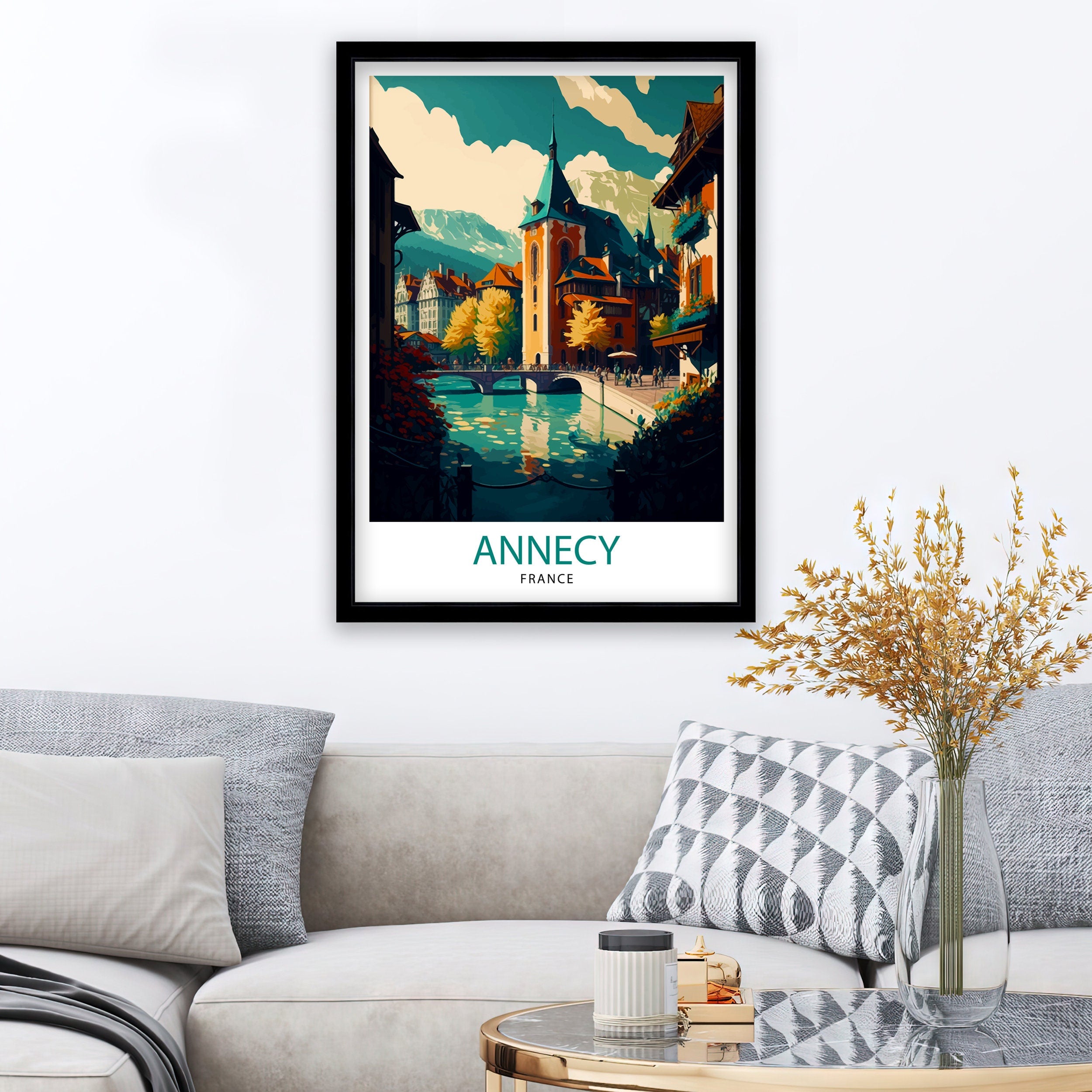 Annecy France Travel Poster: Lake Illustration, French Alps Art Print