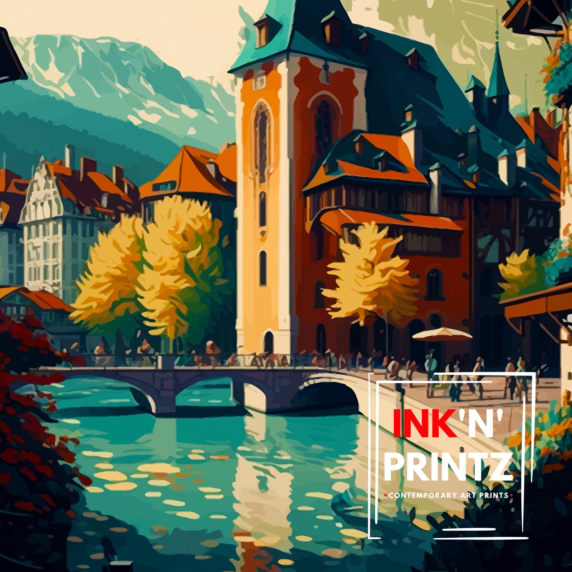 Annecy France Travel Poster: Lake Illustration, French Alps Art Print