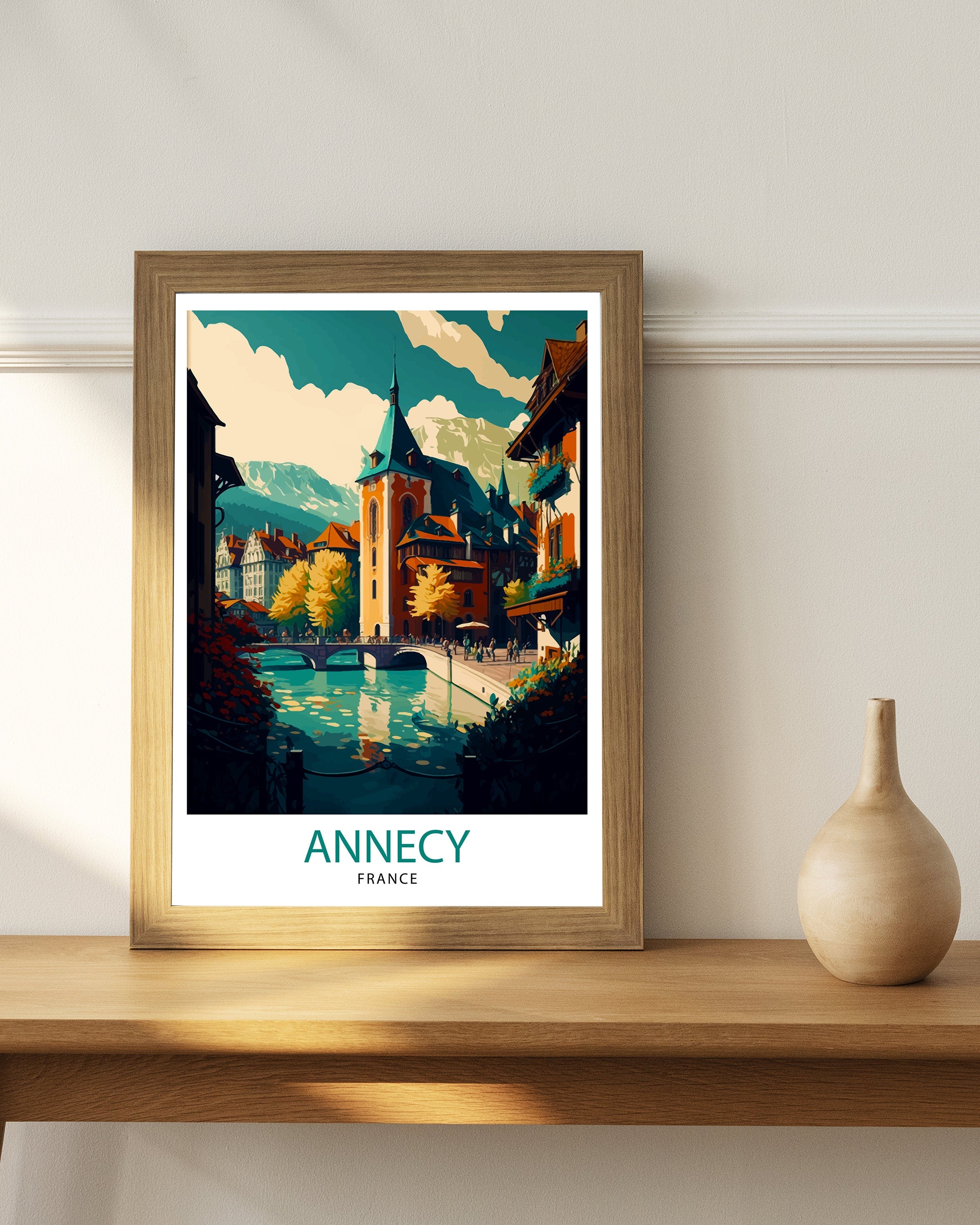 Annecy France Travel Poster: Lake Illustration, French Alps Art Print