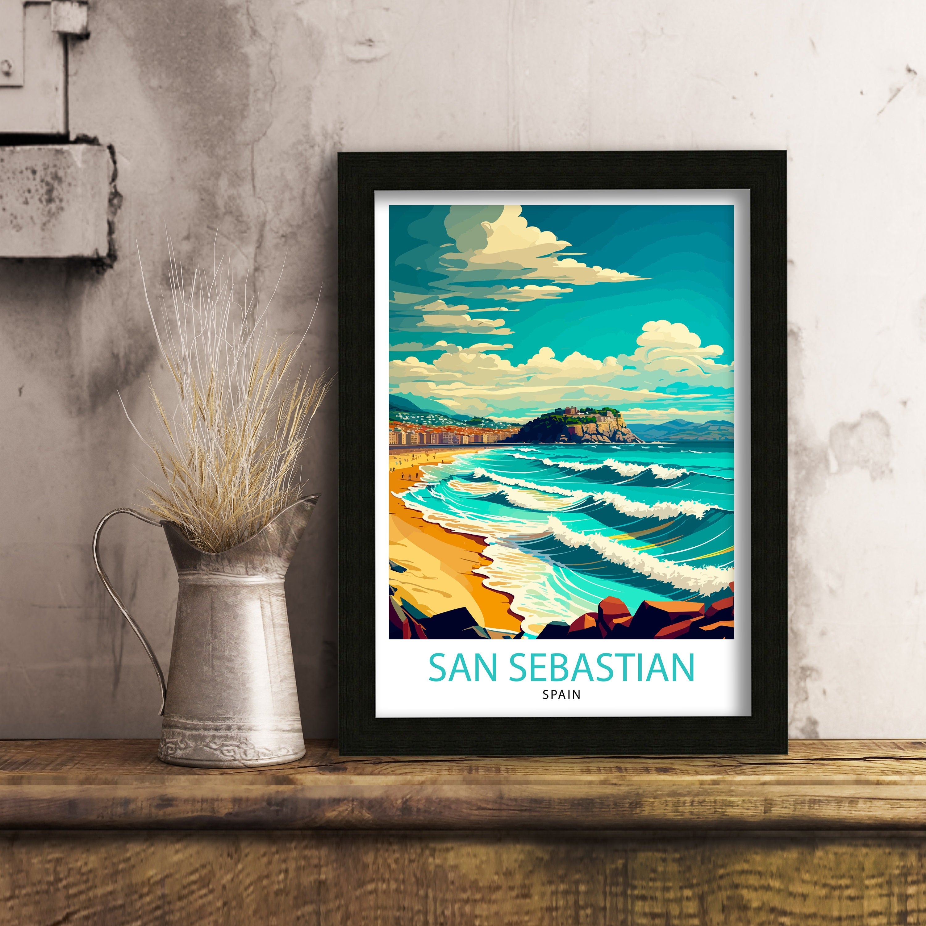 San Sebastian Spain Travel Poster, Illustrated Coastal Print