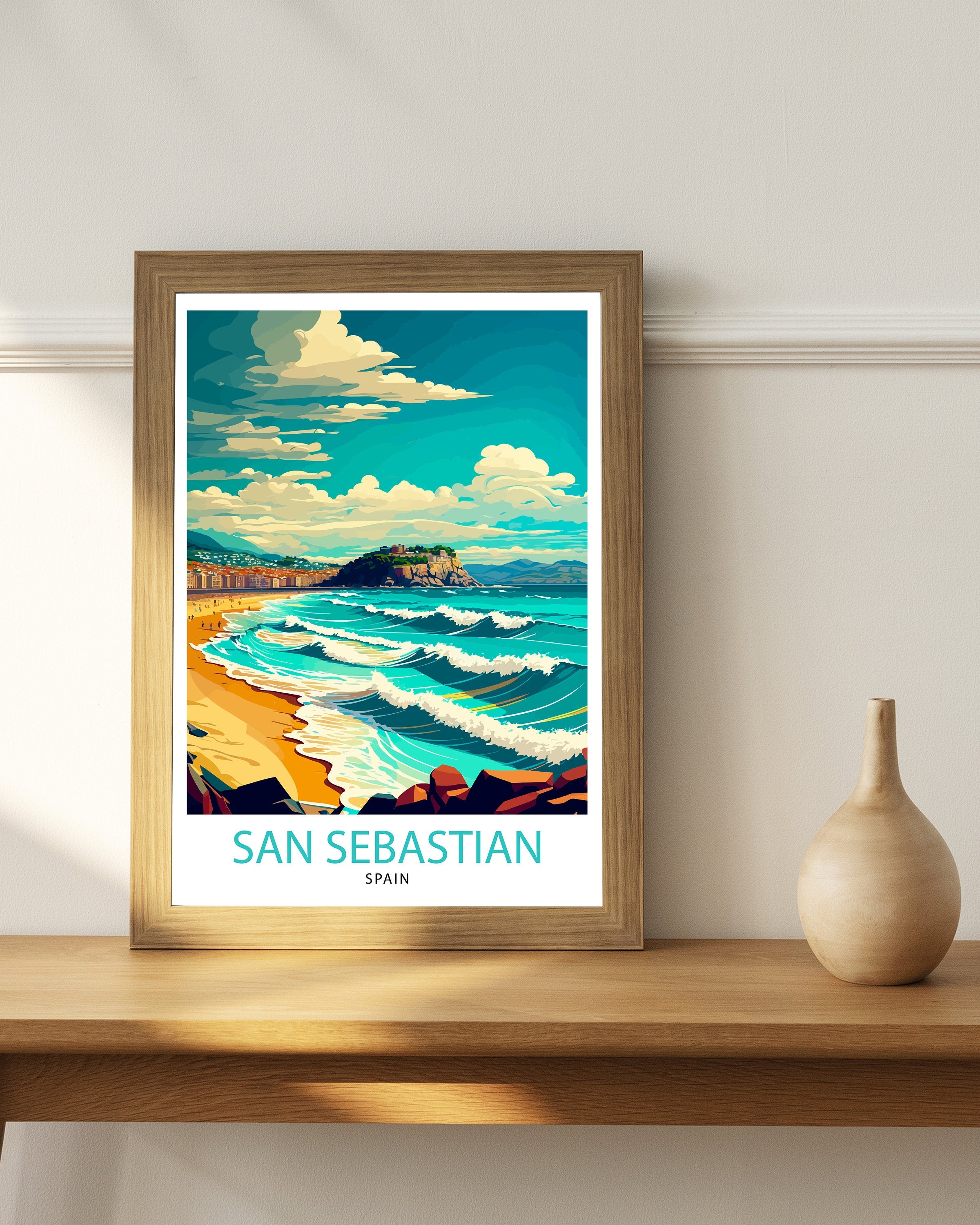 San Sebastian Spain Travel Poster, Illustrated Coastal Print