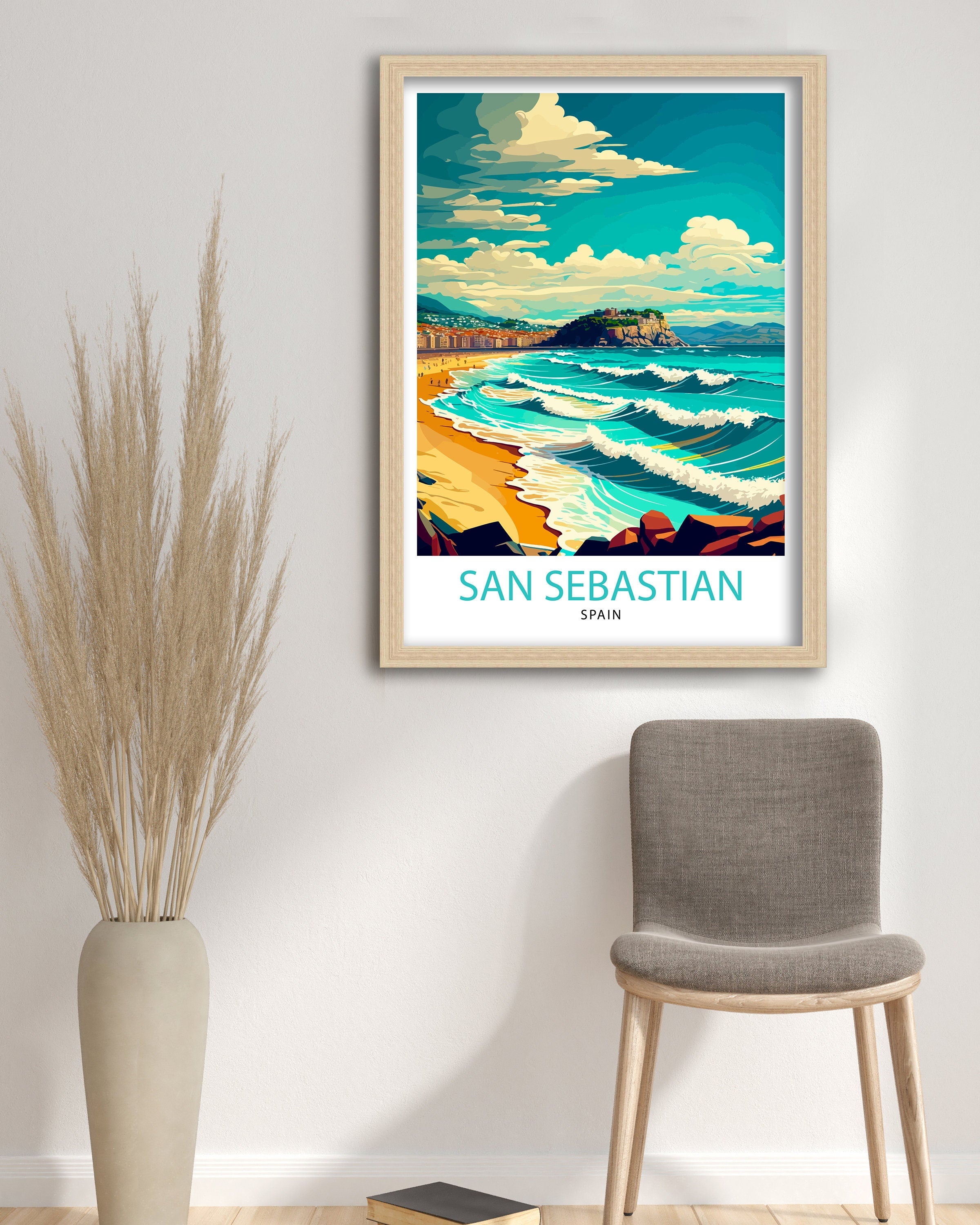 San Sebastian Spain Travel Poster, Illustrated Coastal Print