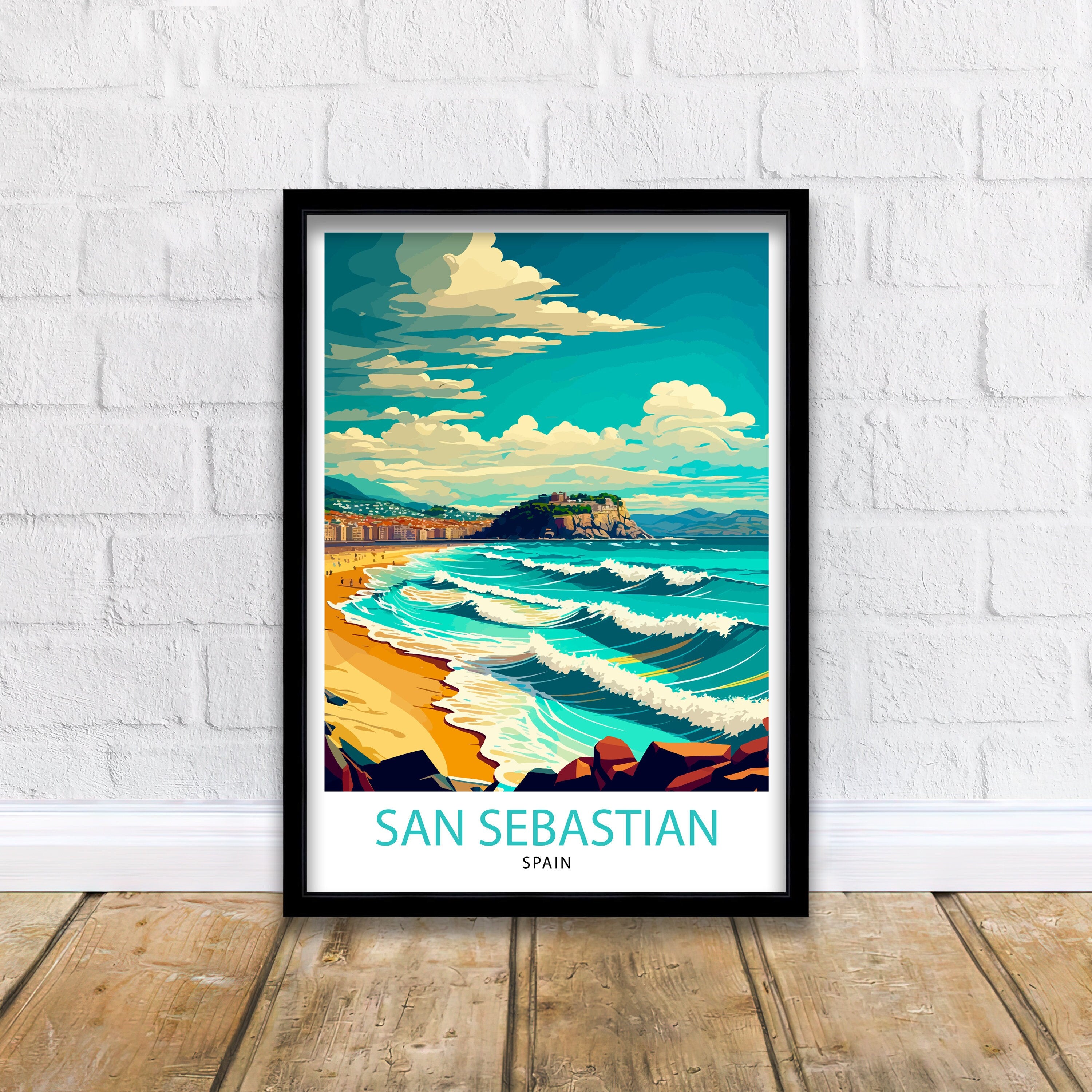 San Sebastian Spain Travel Poster, Illustrated Coastal Print