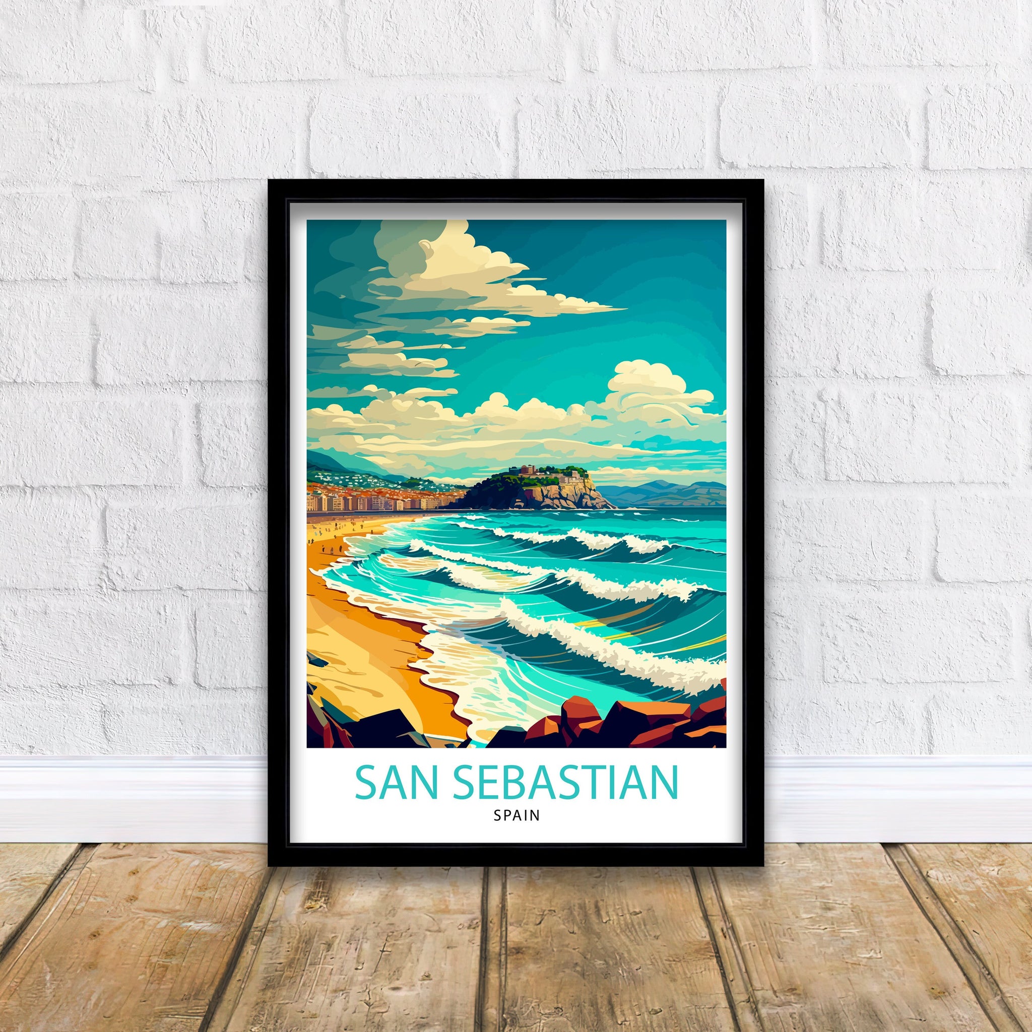 San Sebastian Spain Travel Poster, Illustrated Coastal Print