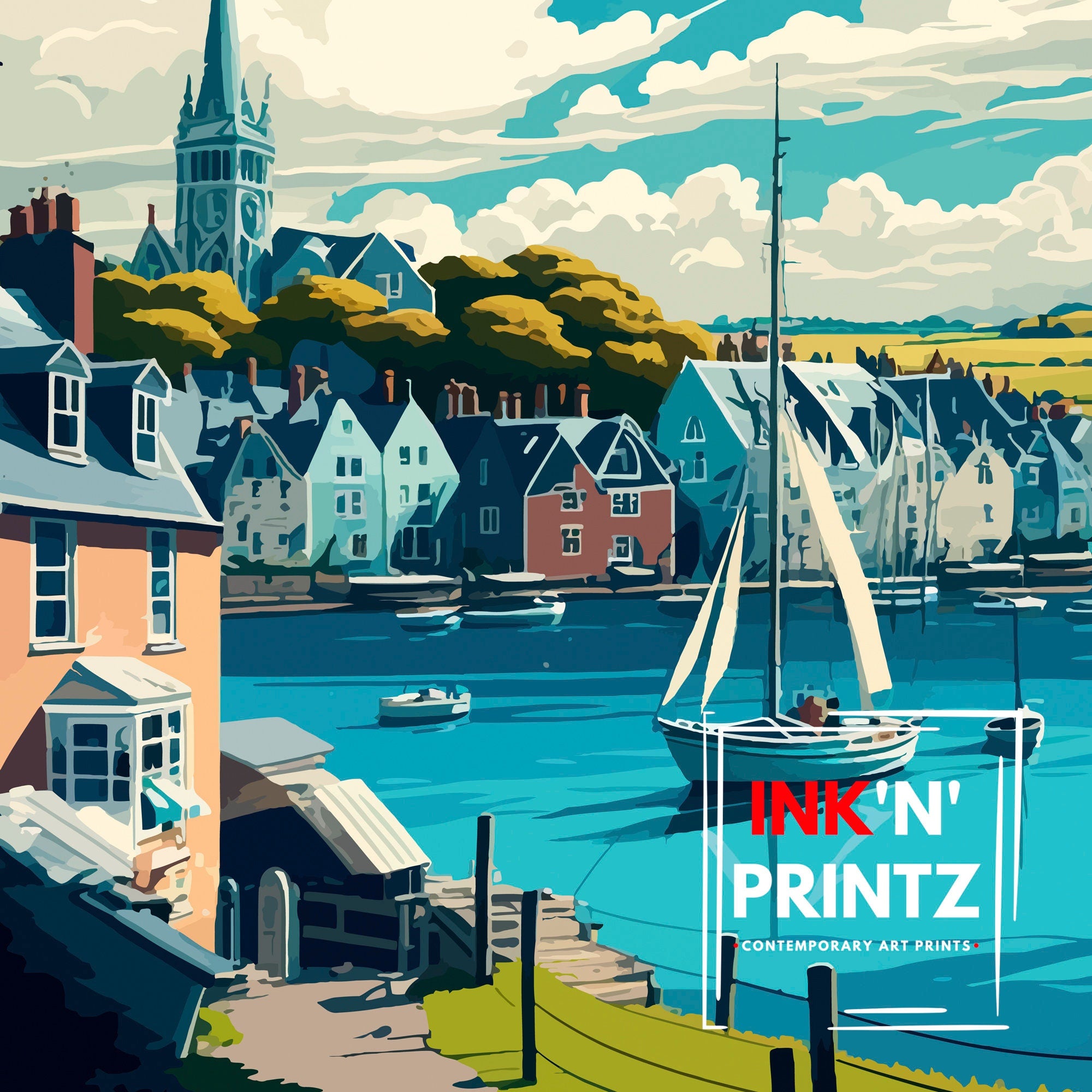 Padstow Cornwall Travel Print, Coastal Village Illustration