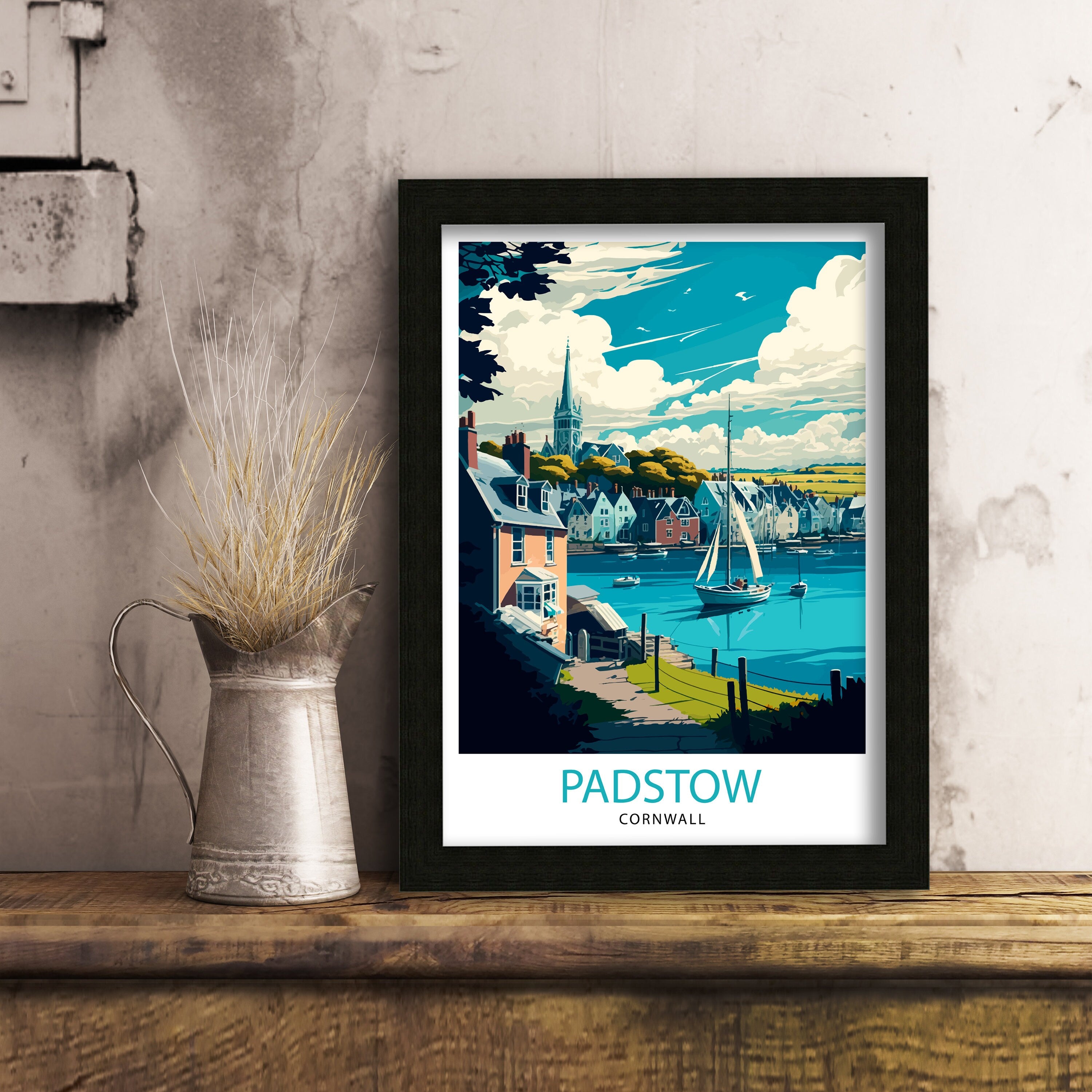 Padstow Cornwall Travel Print, Coastal Village Illustration