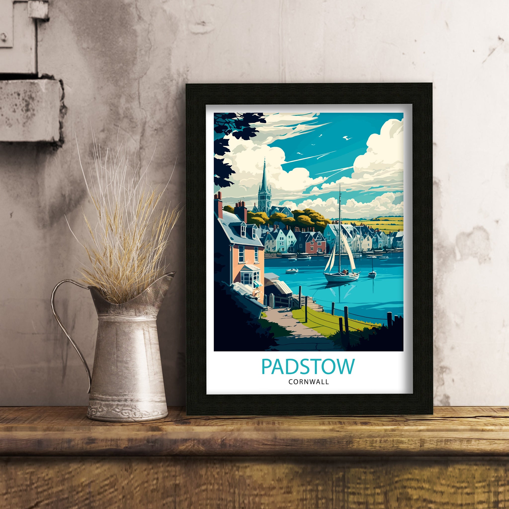 Padstow Cornwall Travel Print, Coastal Village Illustration