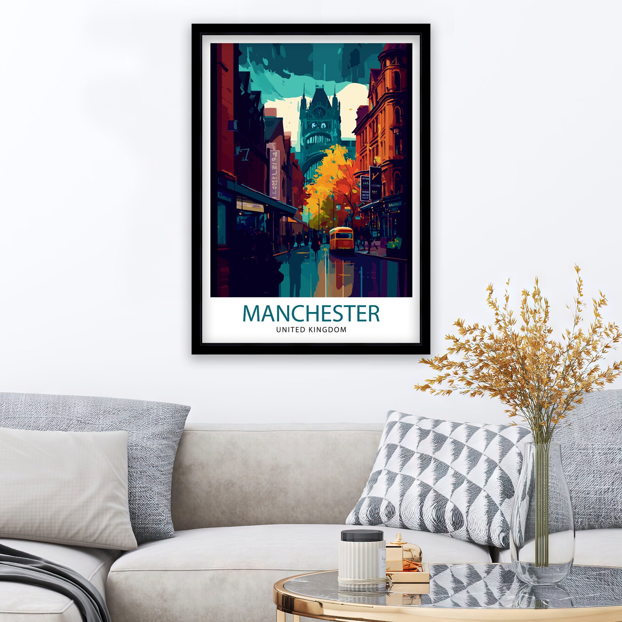 Manchester Cityscape Print, Vibrant Travel Poster