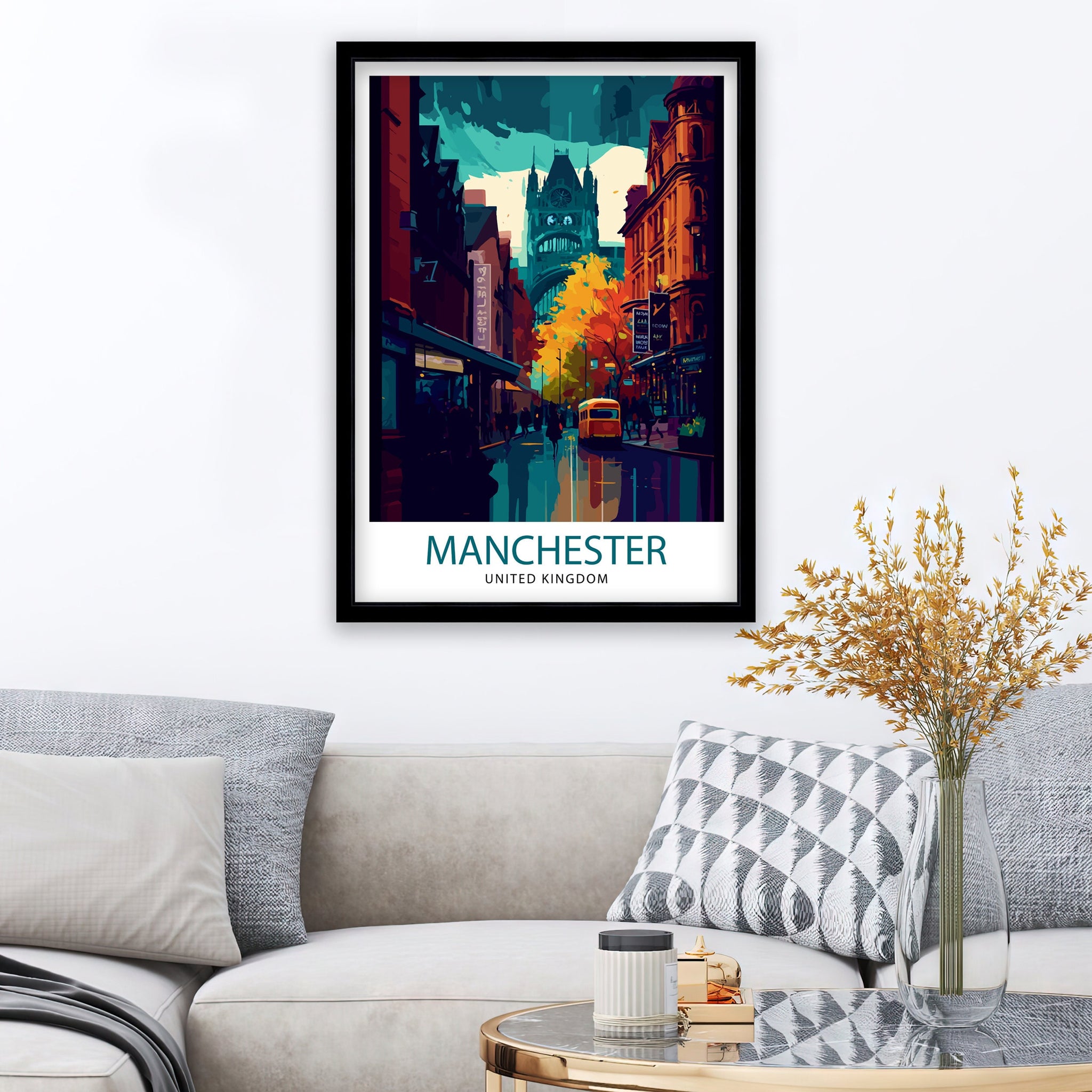 Manchester Cityscape Print, Vibrant Travel Poster