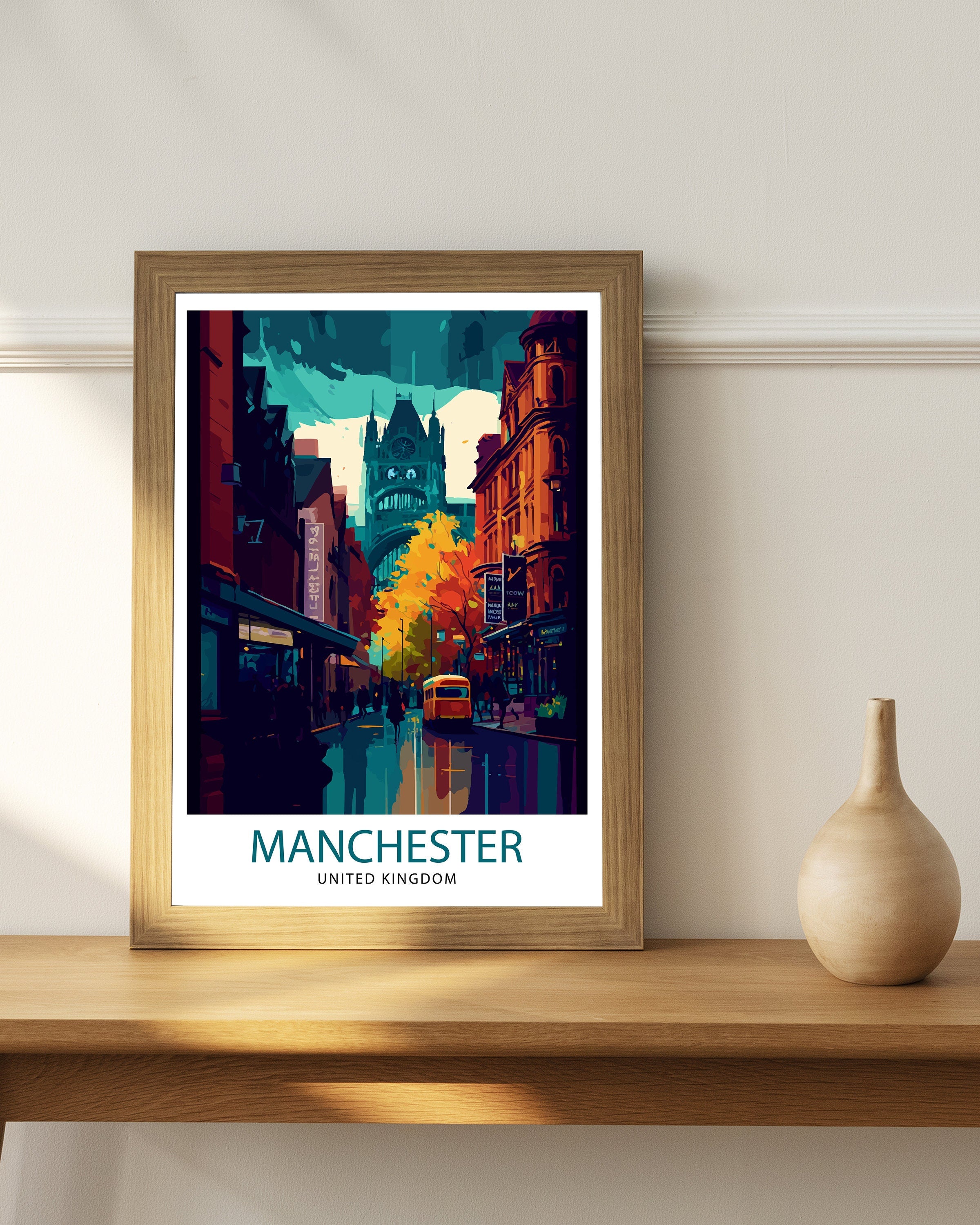Manchester Cityscape Print, Vibrant Travel Poster