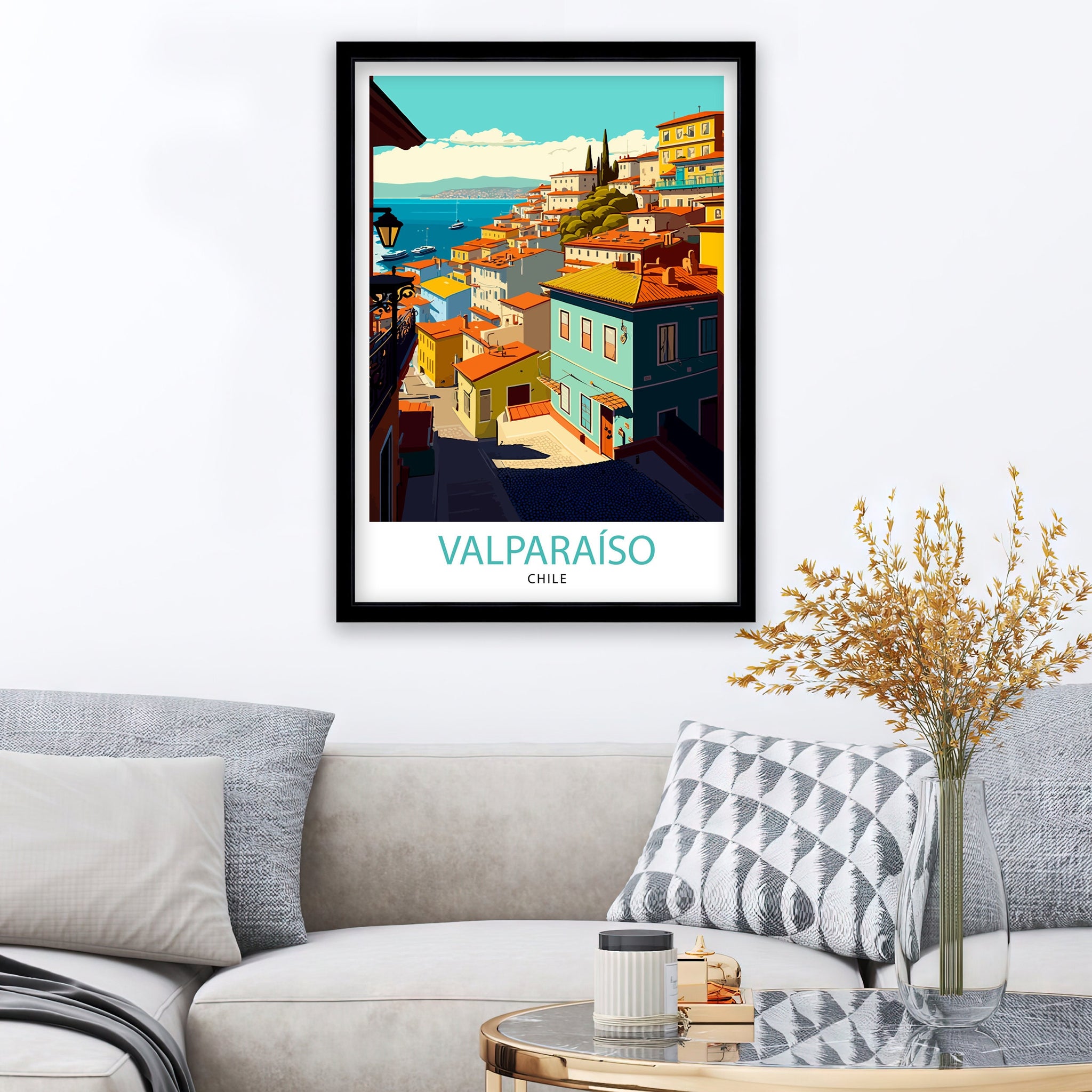 Valparaíso Chile Travel Print, Colorful Cityscape Illustration
