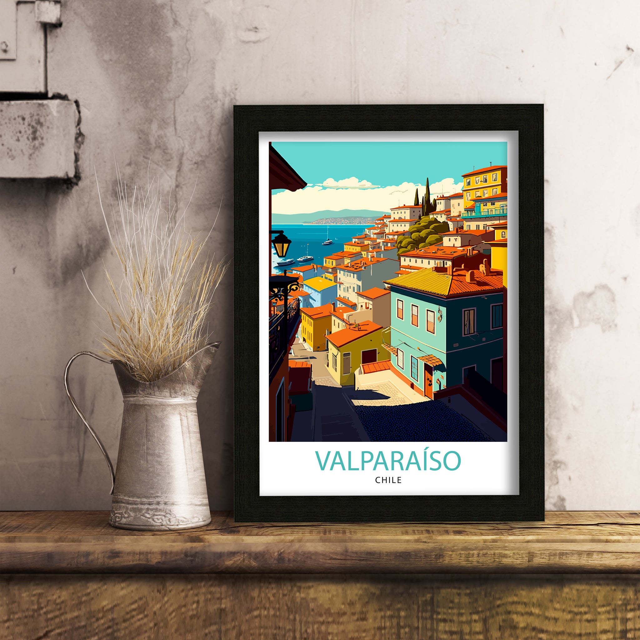 Valparaíso Chile Travel Print, Colorful Cityscape Illustration
