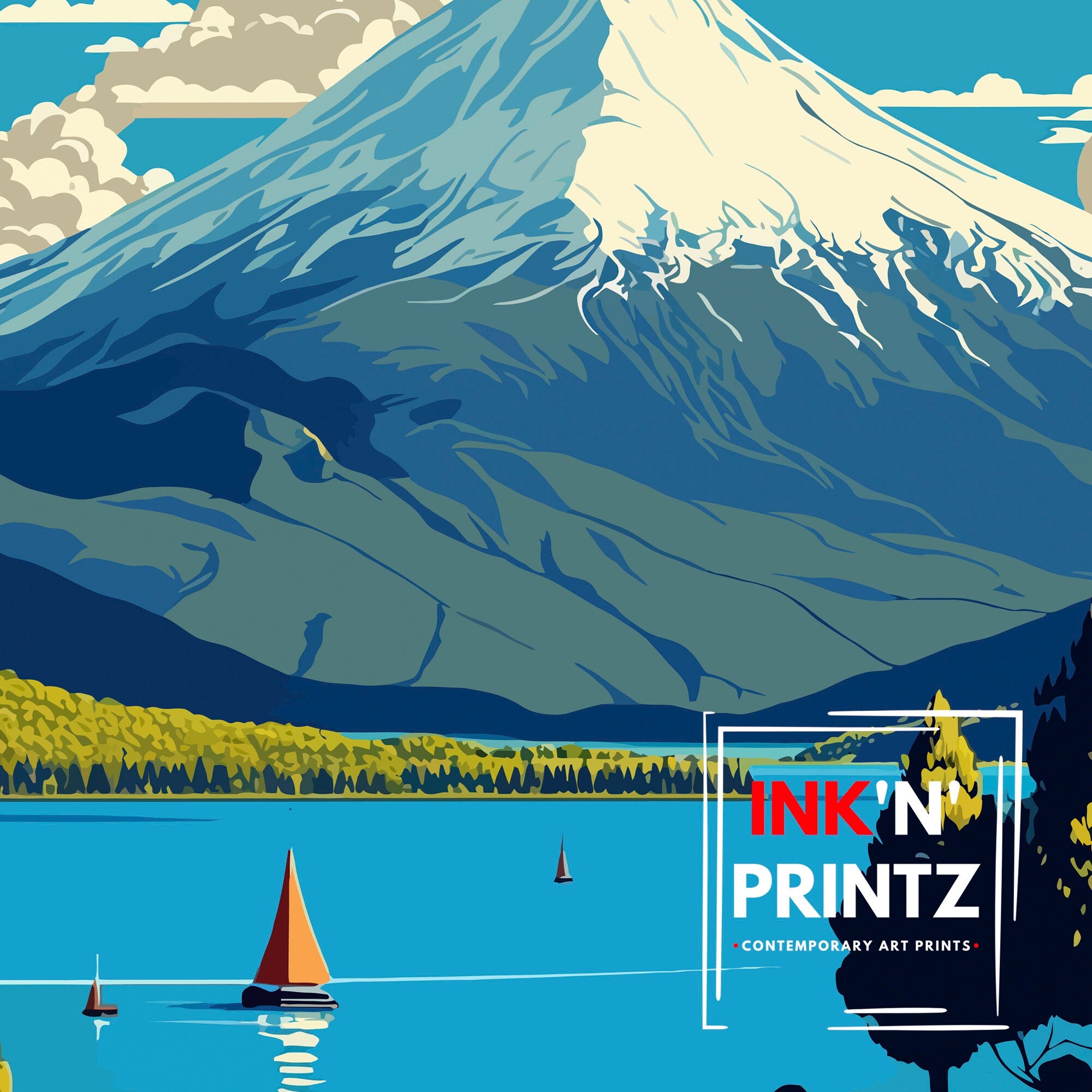 Pucon Chile Travel Poster, Villarrica Volcano, Chilean Landscape Art
