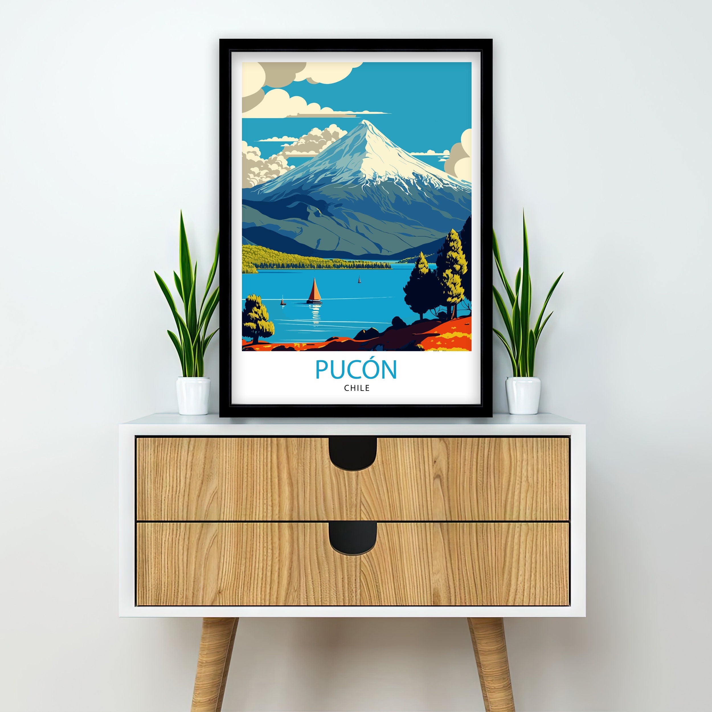 Pucon Chile Travel Poster, Villarrica Volcano, Chilean Landscape Art