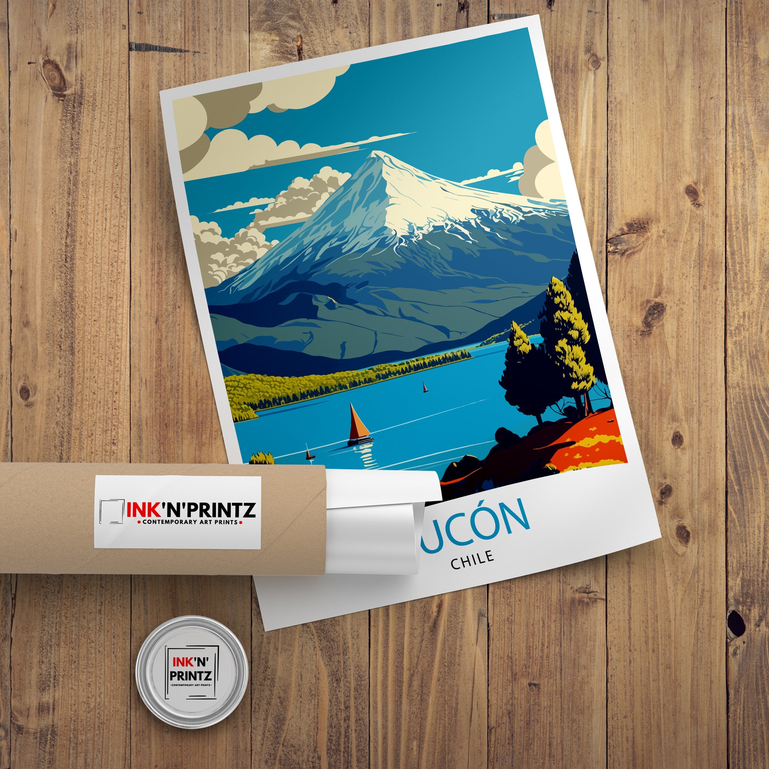 Pucon Chile Travel Poster, Villarrica Volcano, Chilean Landscape Art
