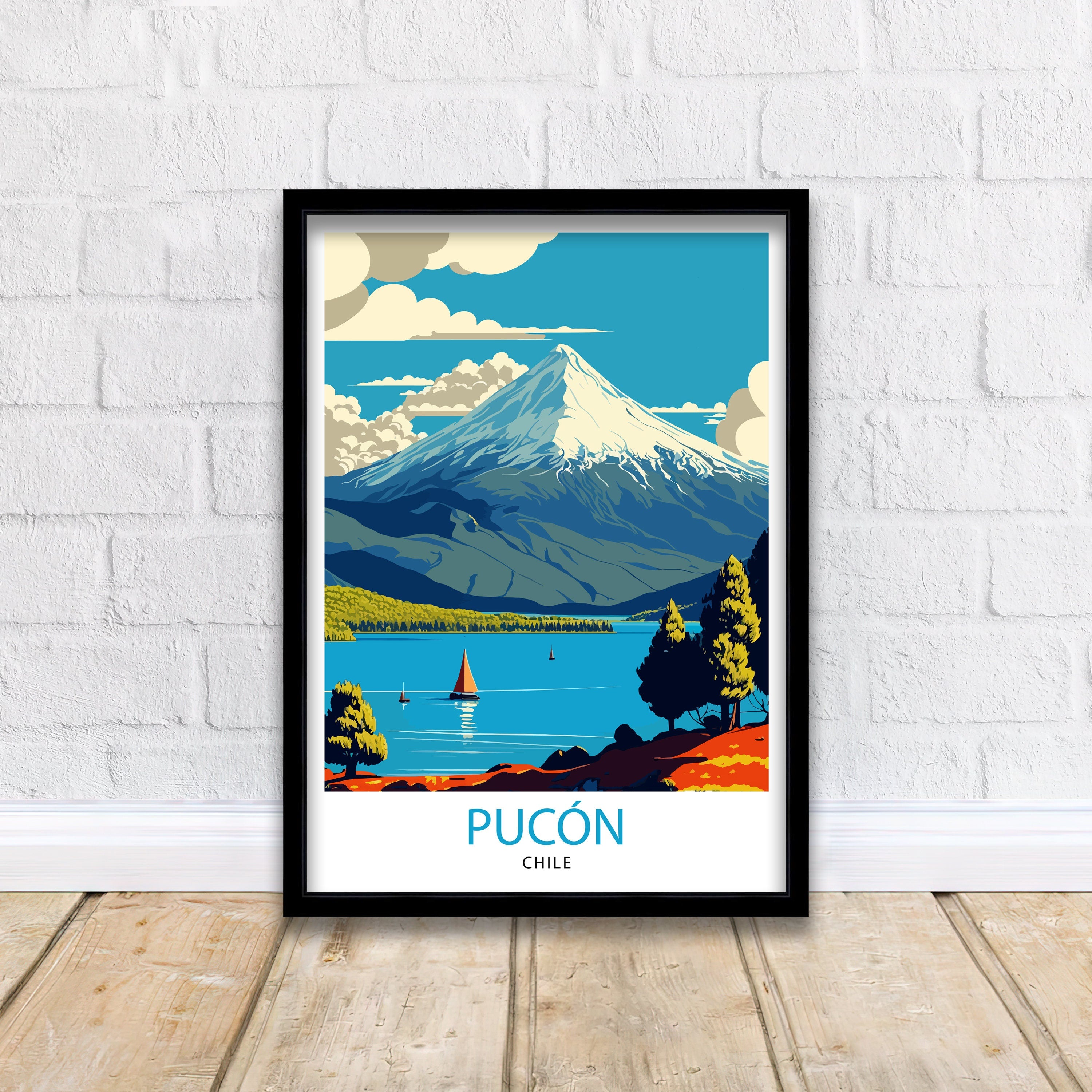 Pucon Chile Travel Poster, Villarrica Volcano, Chilean Landscape Art