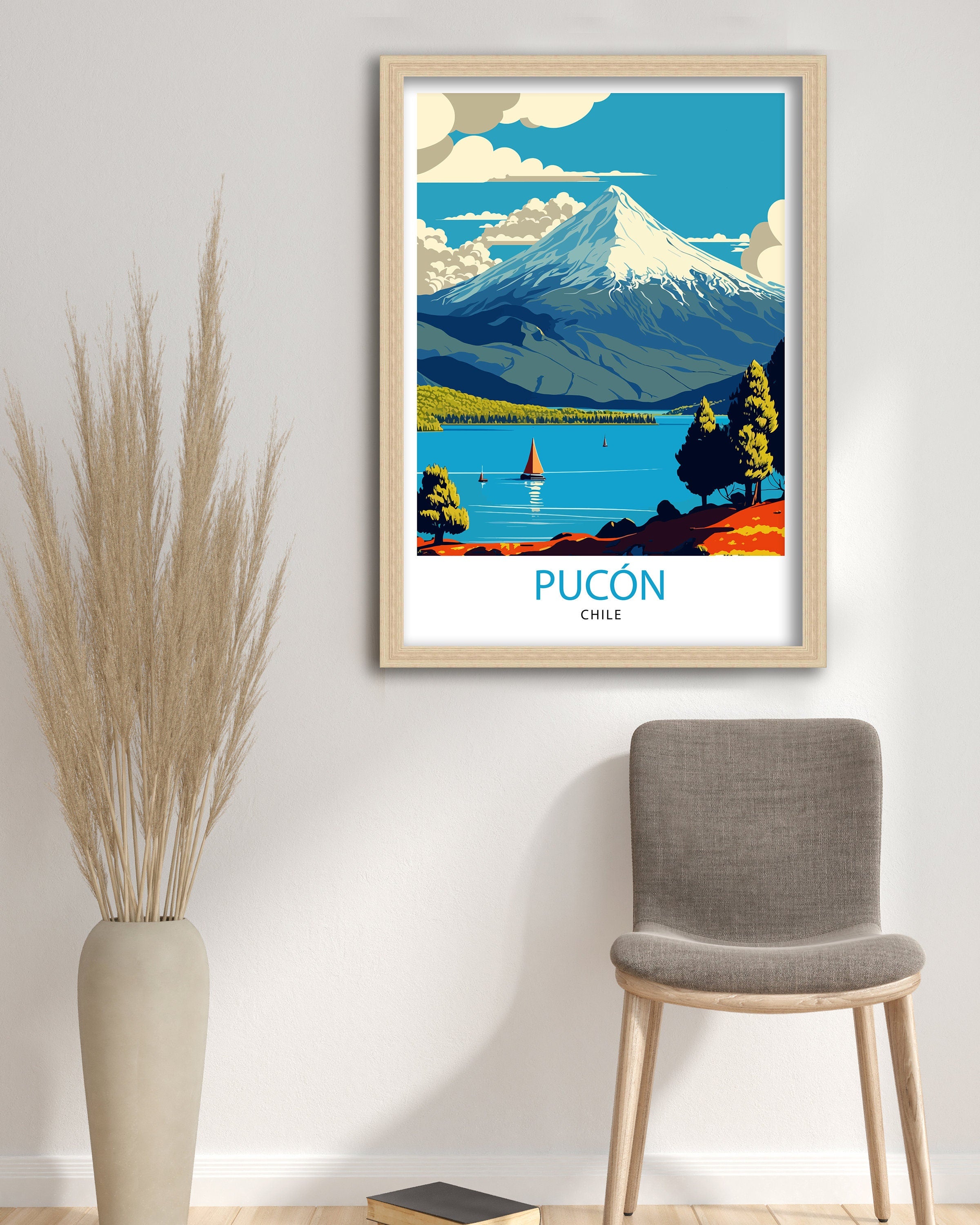 Pucon Chile Travel Poster, Villarrica Volcano, Chilean Landscape Art