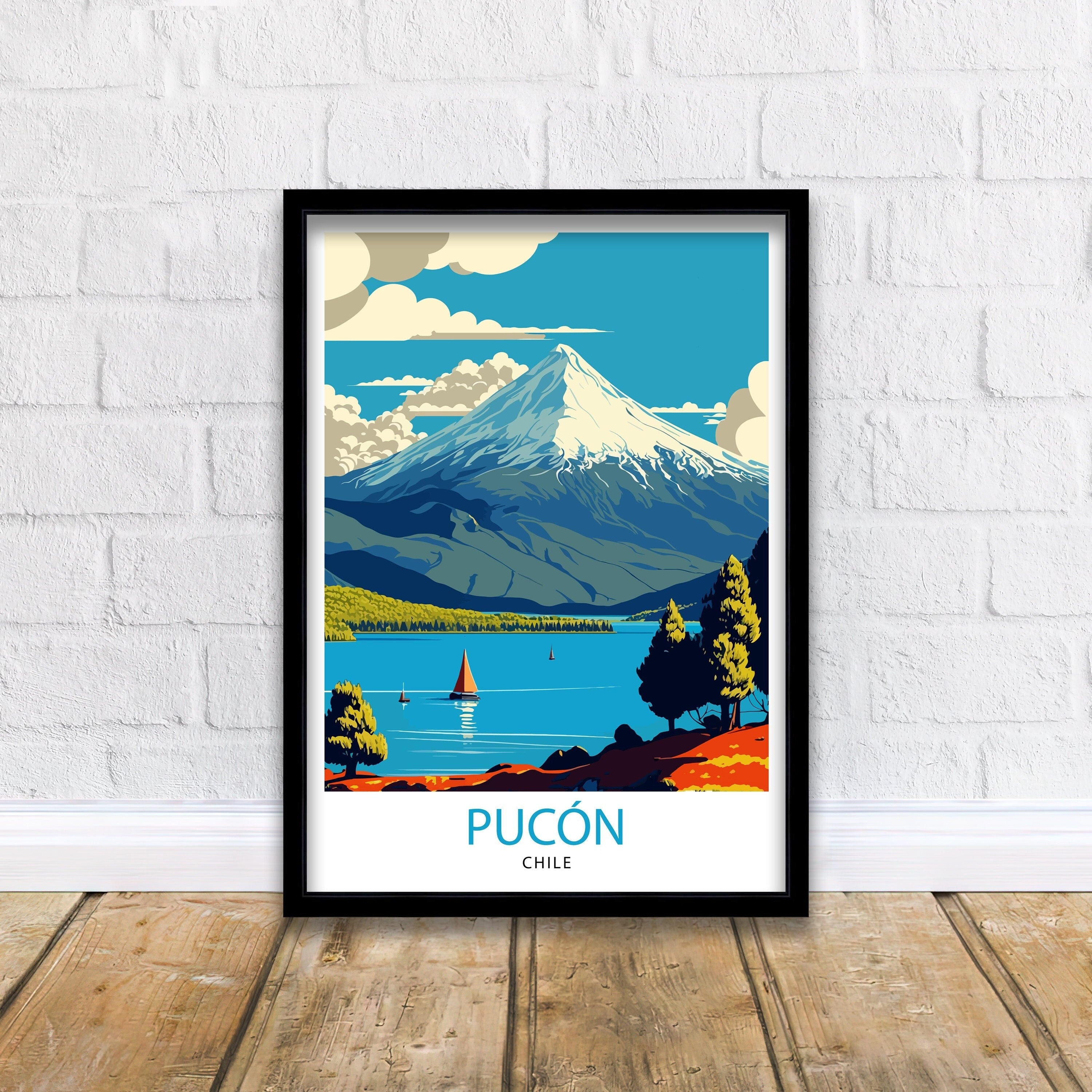 Pucon Chile Travel Poster, Villarrica Volcano, Chilean Landscape Art