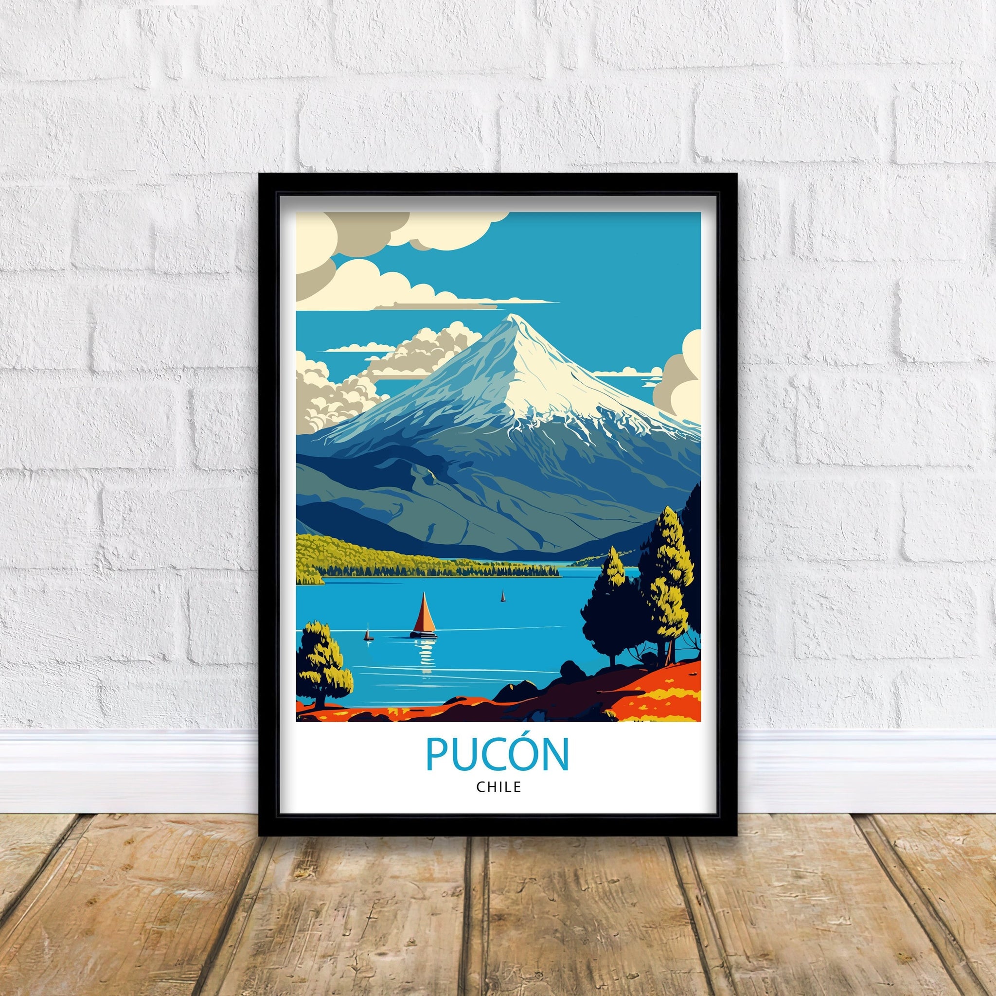 Pucon Chile Travel Poster, Villarrica Volcano, Chilean Landscape Art