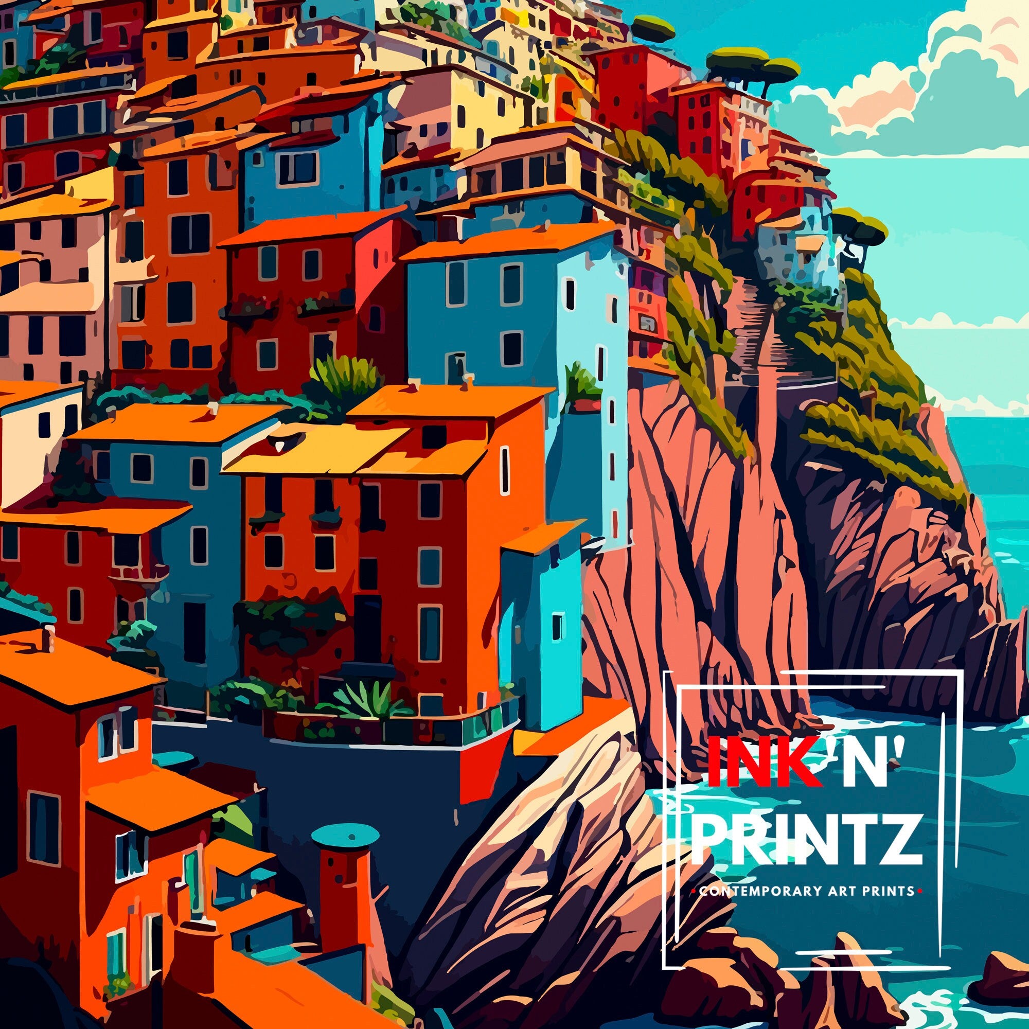 Cinque Terre Italy Travel Poster, Coastal Cliffside Art Print