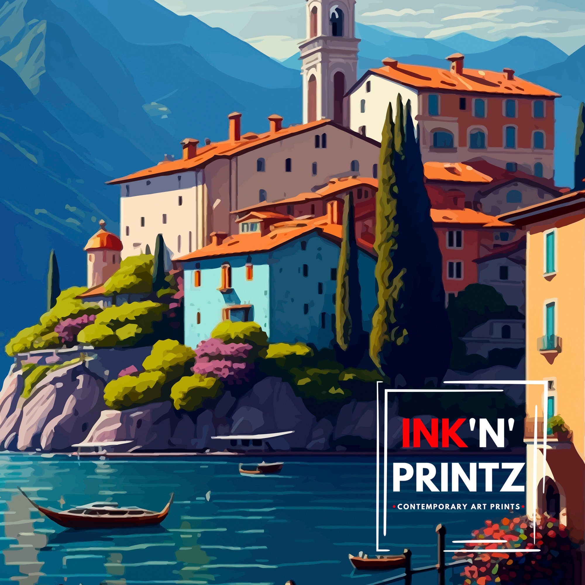 Bellagio Italy Art Print: Lakeside Illustration, Travel Poster