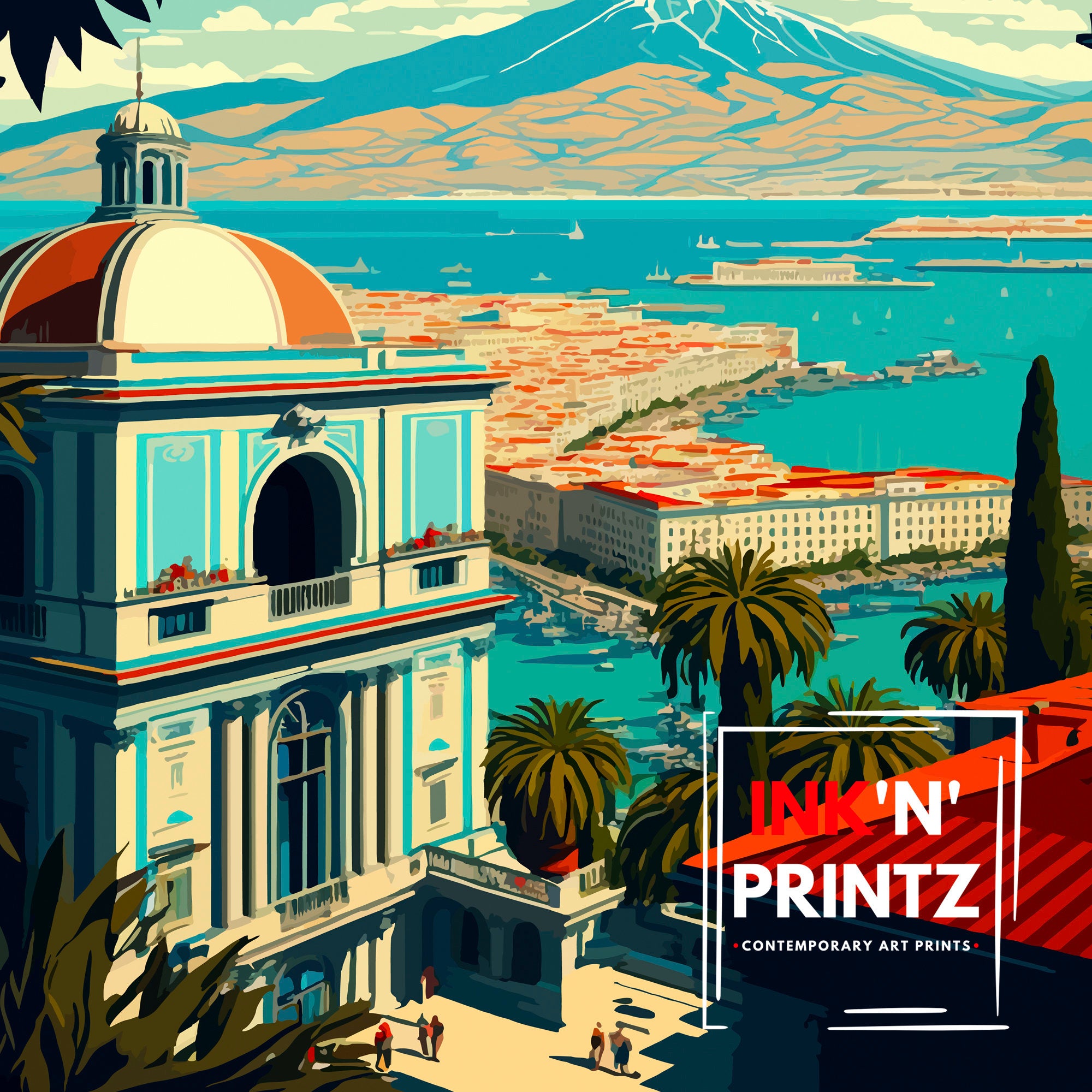 Naples Italy Art Print, Colorful Cityscape Illustration