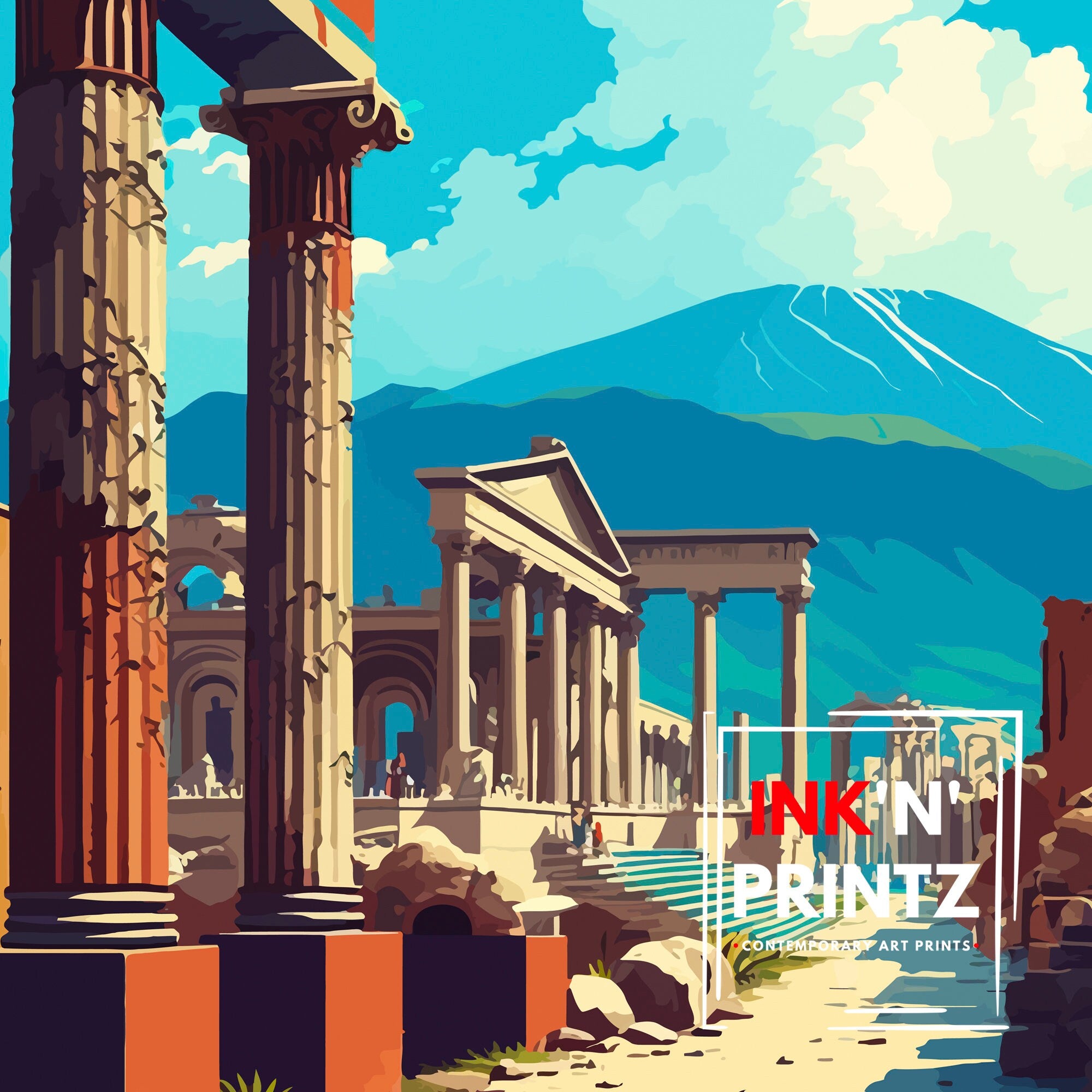 Pompeii Italy Illustration Print | Ancient Ruins Travel Poster