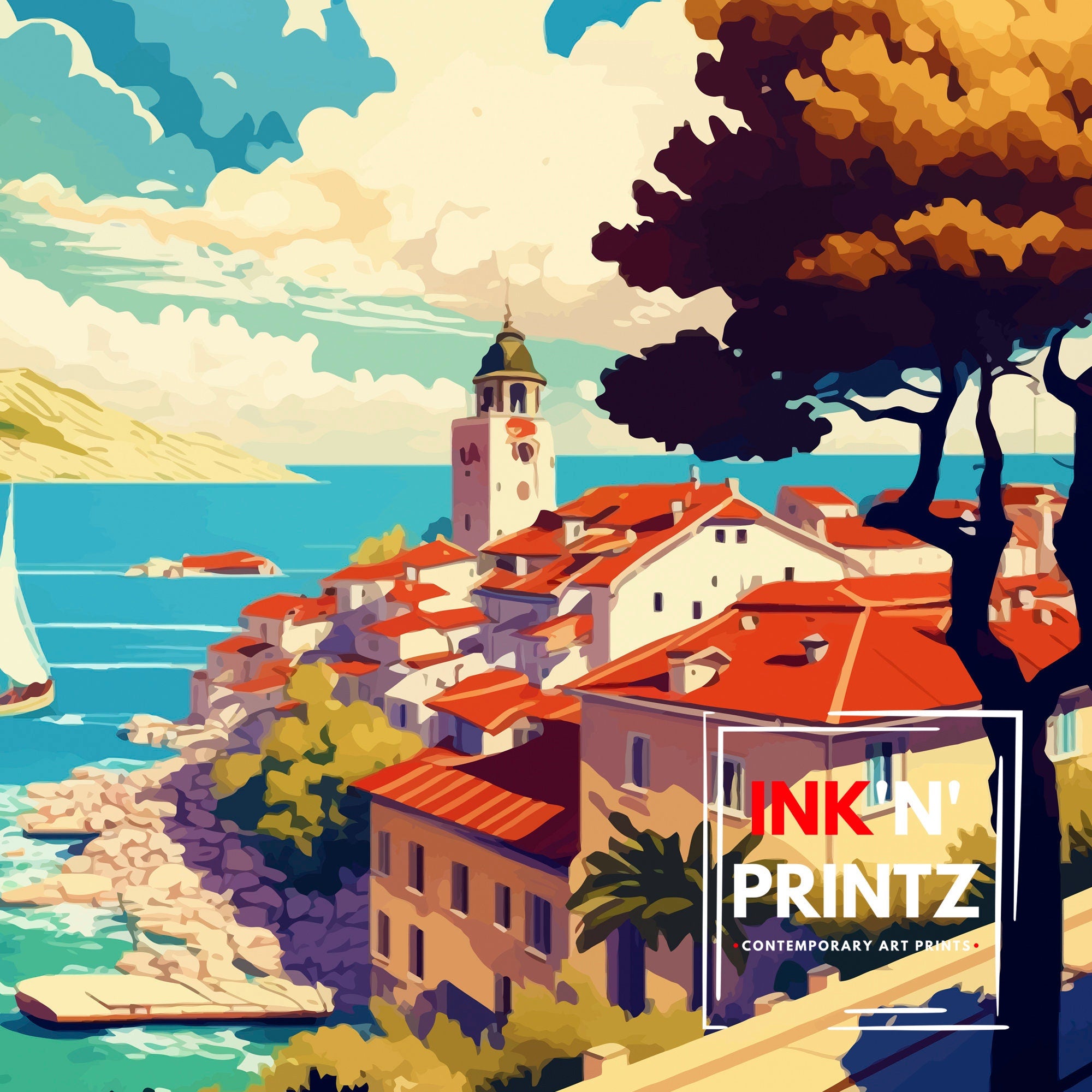 Makarska Croatia Art Print, Coastal Illustration
