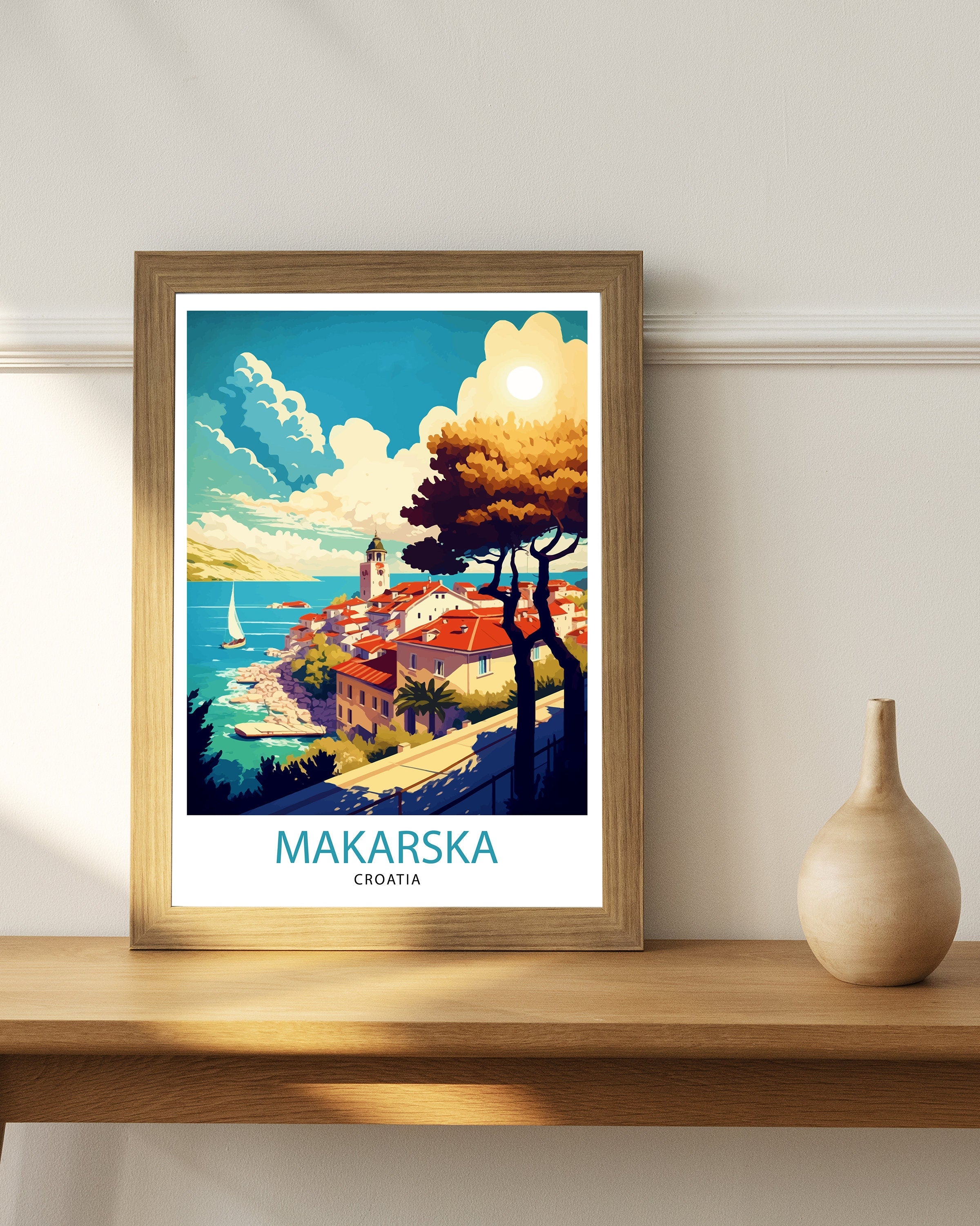 Makarska Croatia Art Print, Coastal Illustration