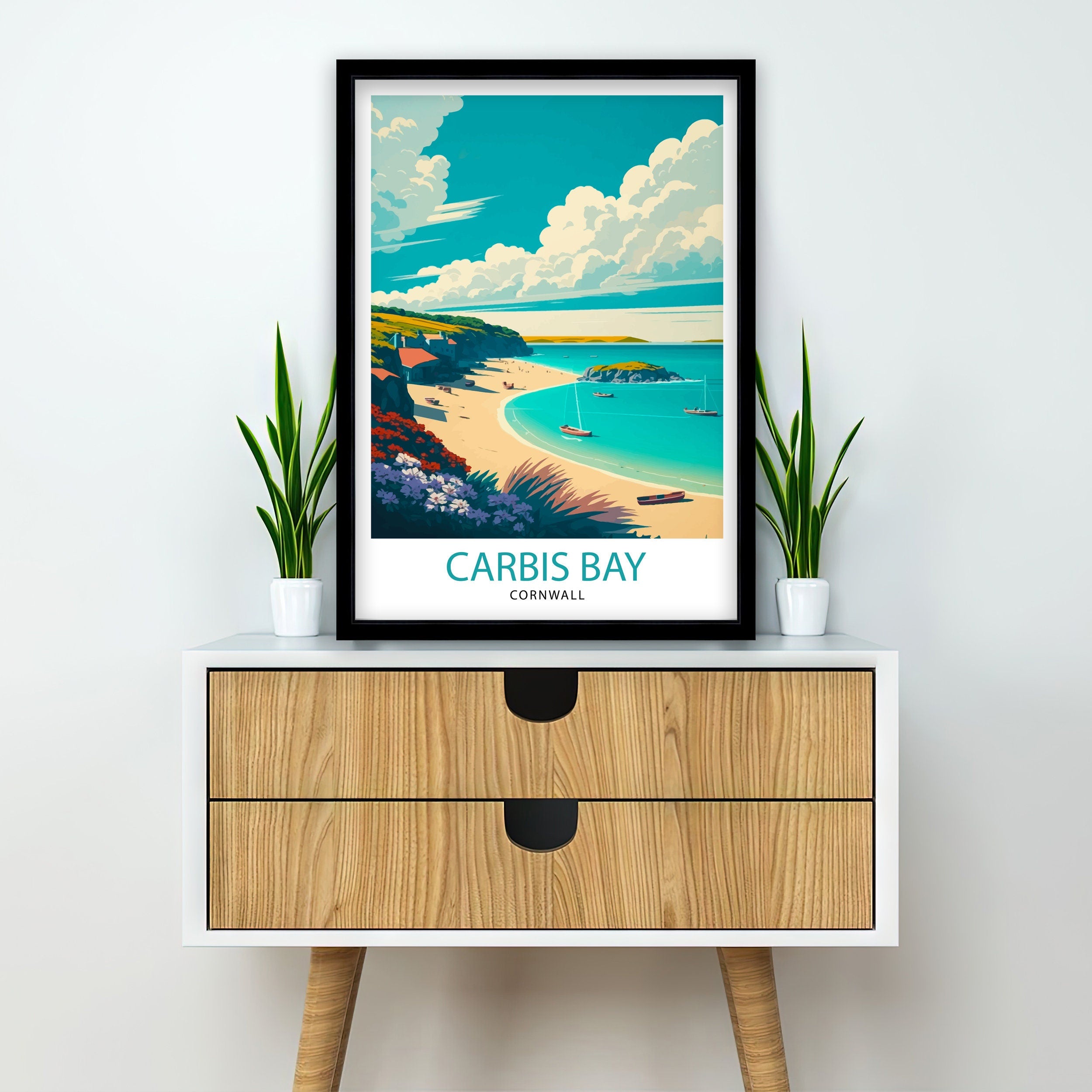 Carbis Bay Cornwall Travel Print, Coastal Illustration