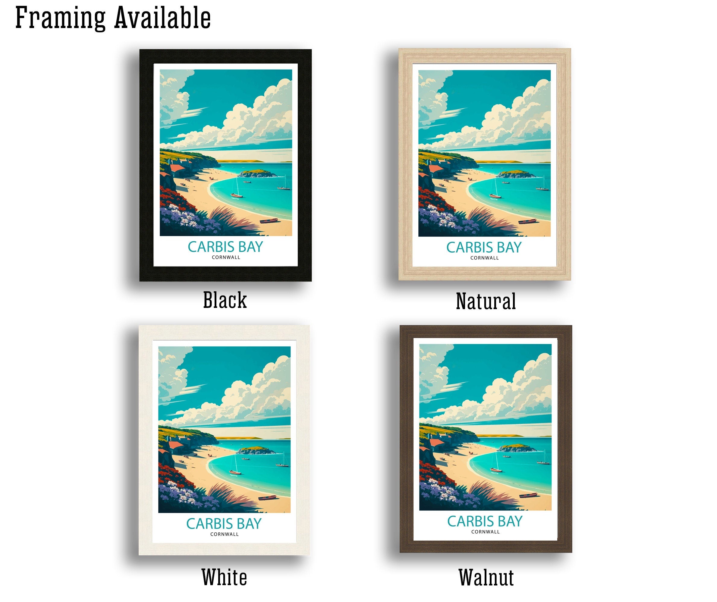 Carbis Bay Cornwall Travel Print, Coastal Illustration