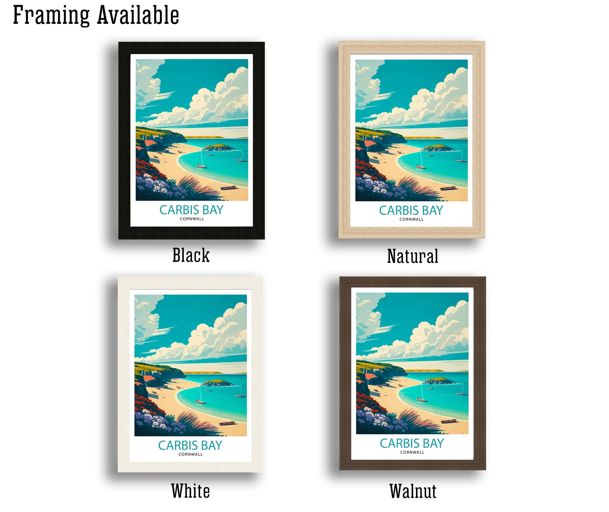 Carbis Bay Cornwall Travel Print, Coastal Illustration