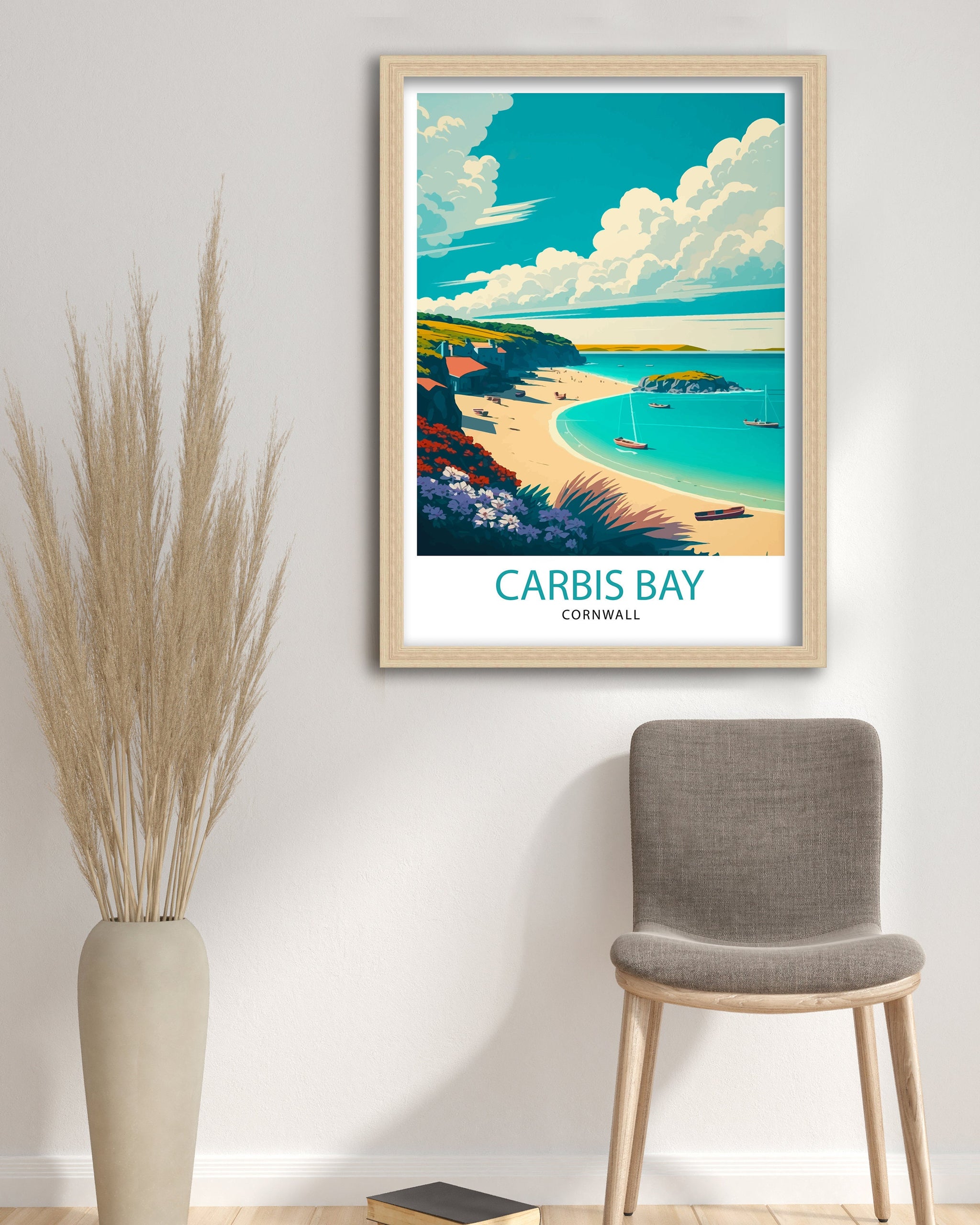 Carbis Bay Cornwall Travel Print, Coastal Illustration