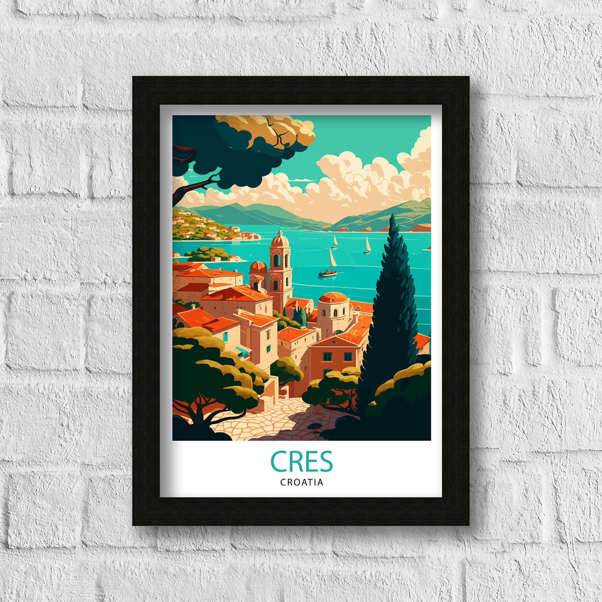 Cres Croatia Travel Poster, Coastal Village Art Print