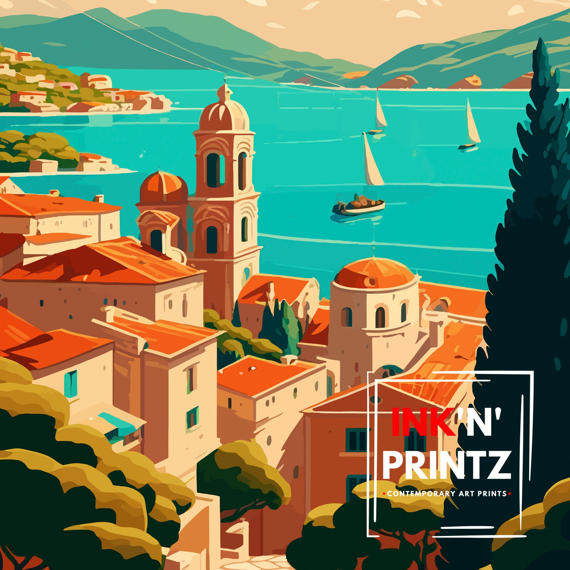 Cres Croatia Travel Poster, Coastal Village Art Print