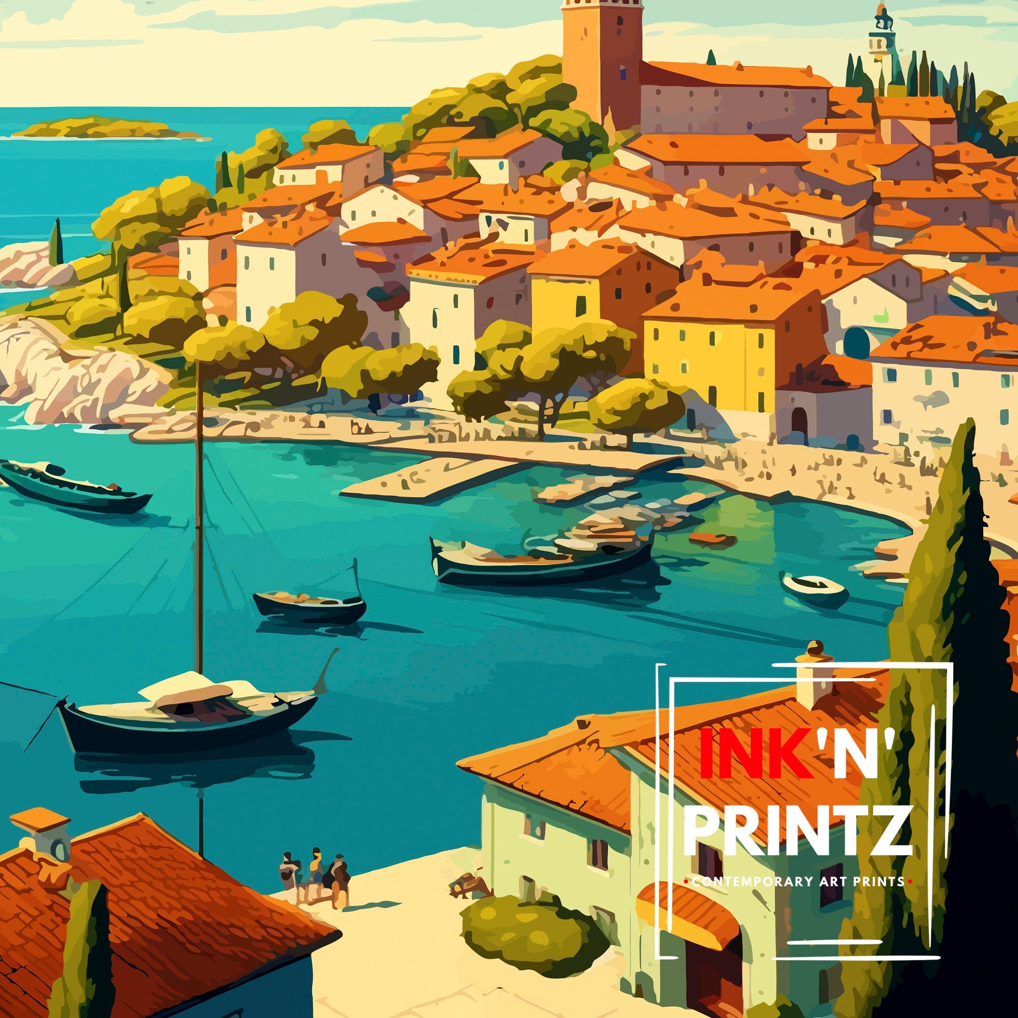 Novigrad Croatia Art Print | Coastal Town Illustration