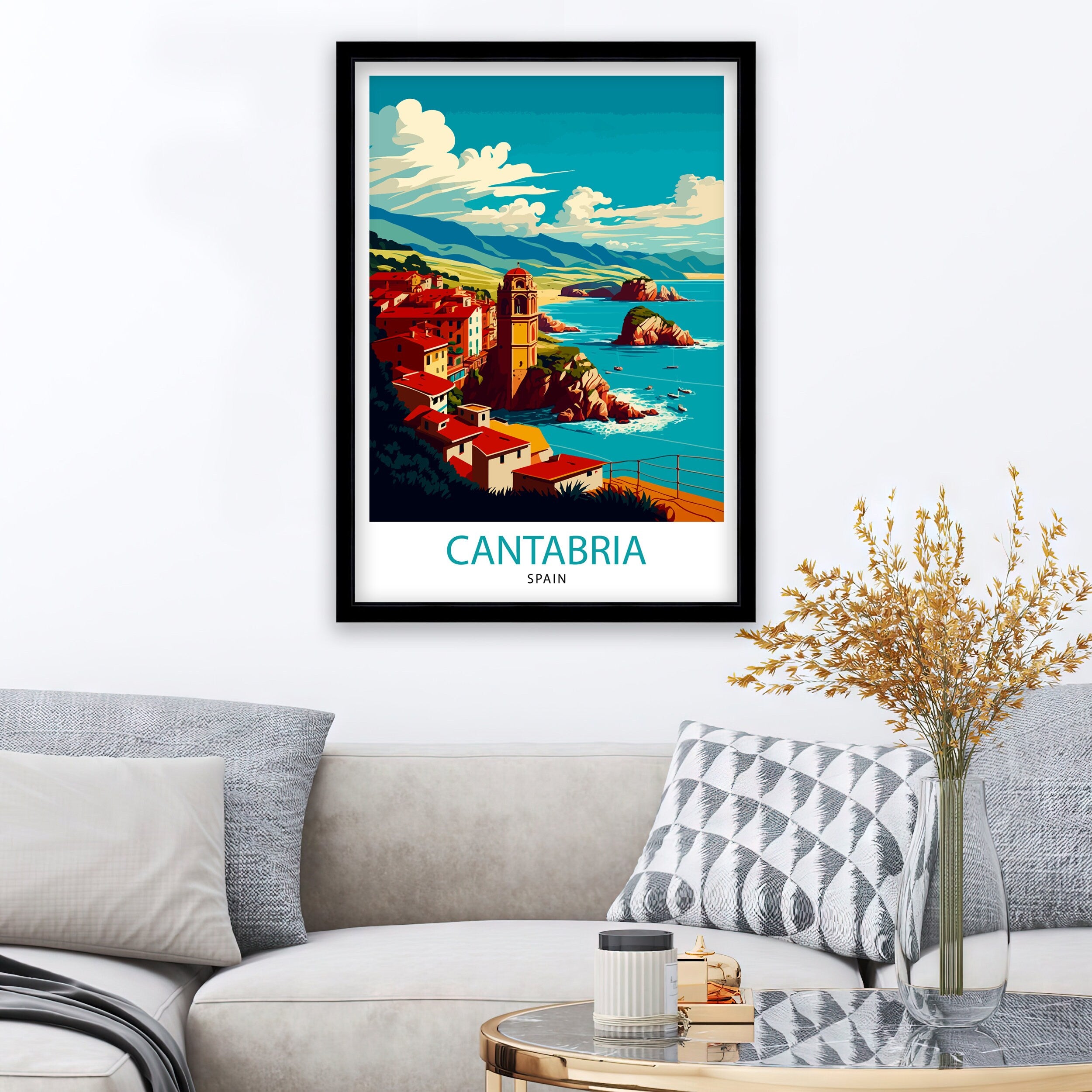 Cantabria Spain Travel Poster, Coastal Illustration Art Print