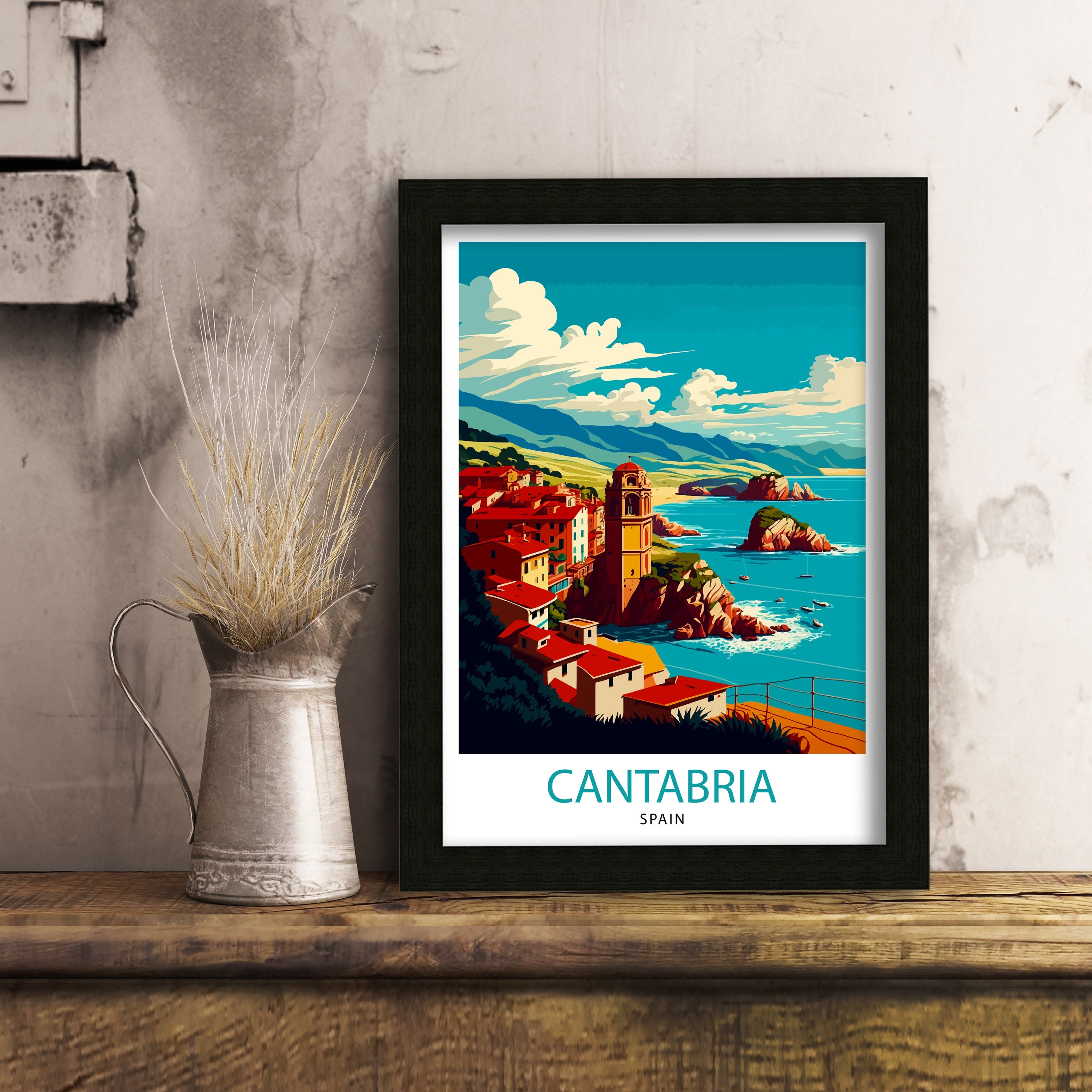 Cantabria Spain Travel Poster, Coastal Illustration Art Print