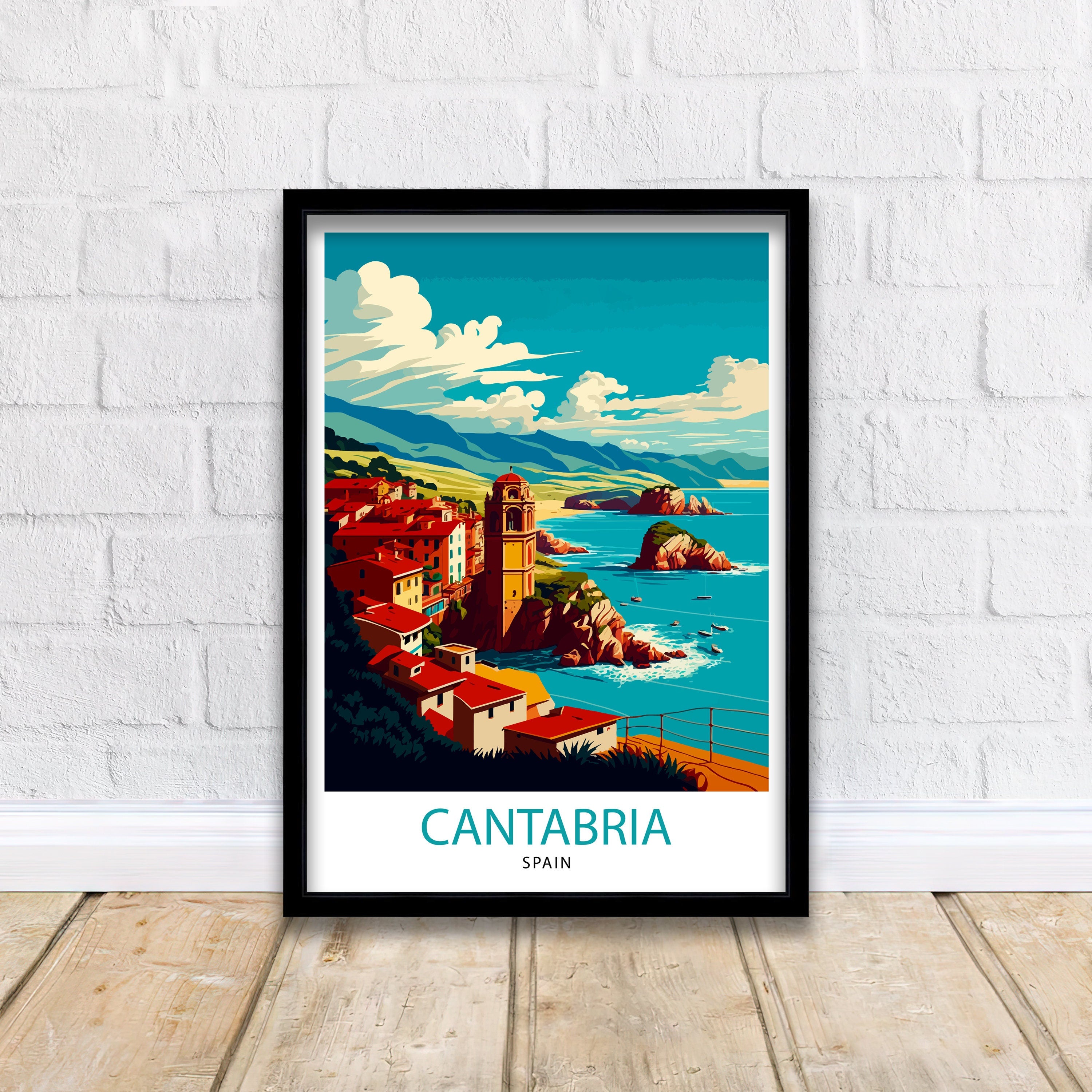 Cantabria Spain Travel Poster, Coastal Illustration Art Print