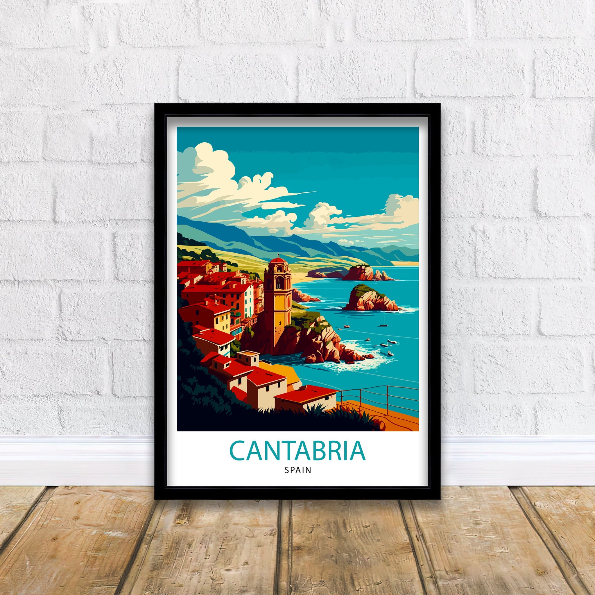 Cantabria Spain Travel Poster, Coastal Illustration Art Print