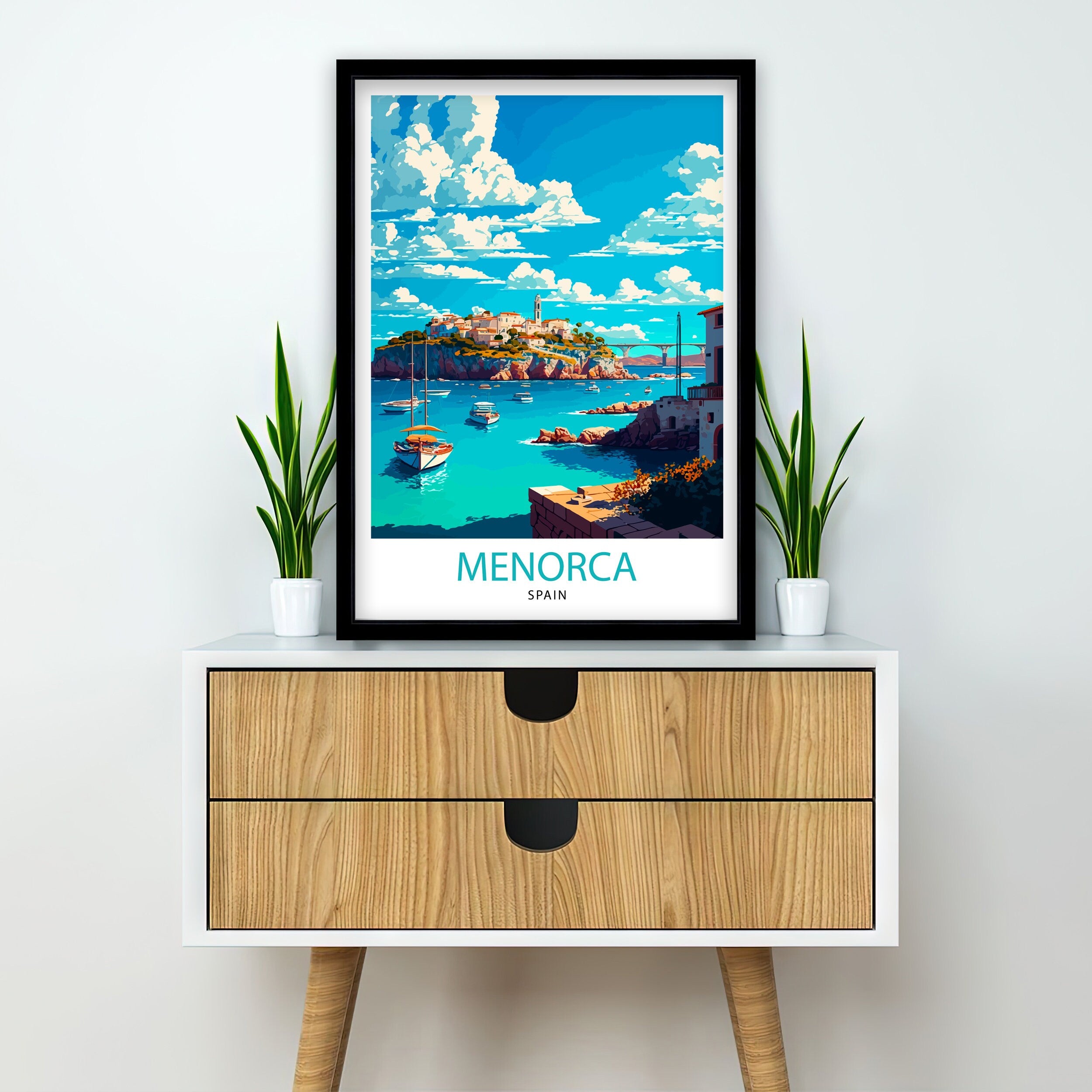 Menorca Spain Travel Illustration Print, Coastal Home Decor