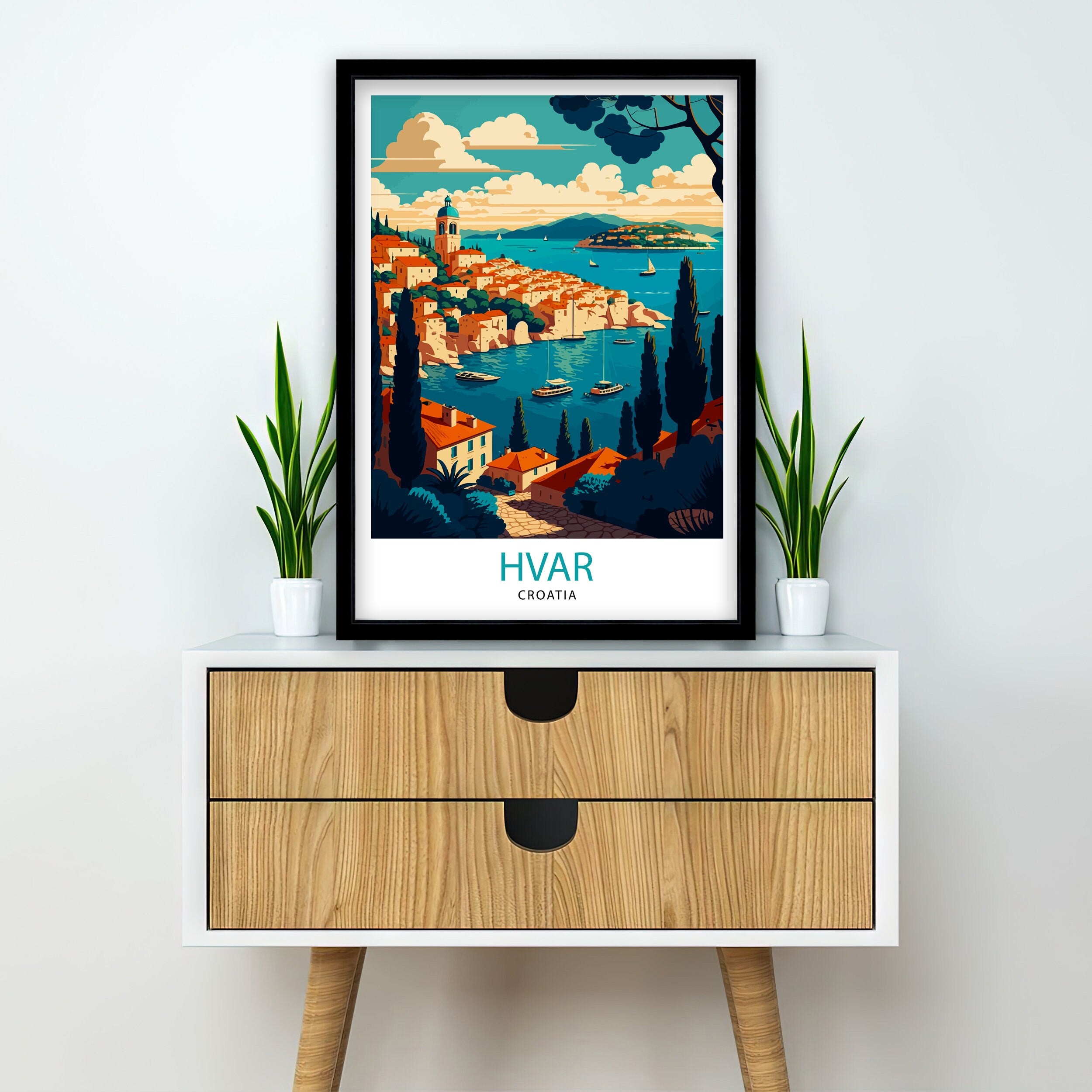 Hvar Croatia Illustration Print, Coastal Travel Poster